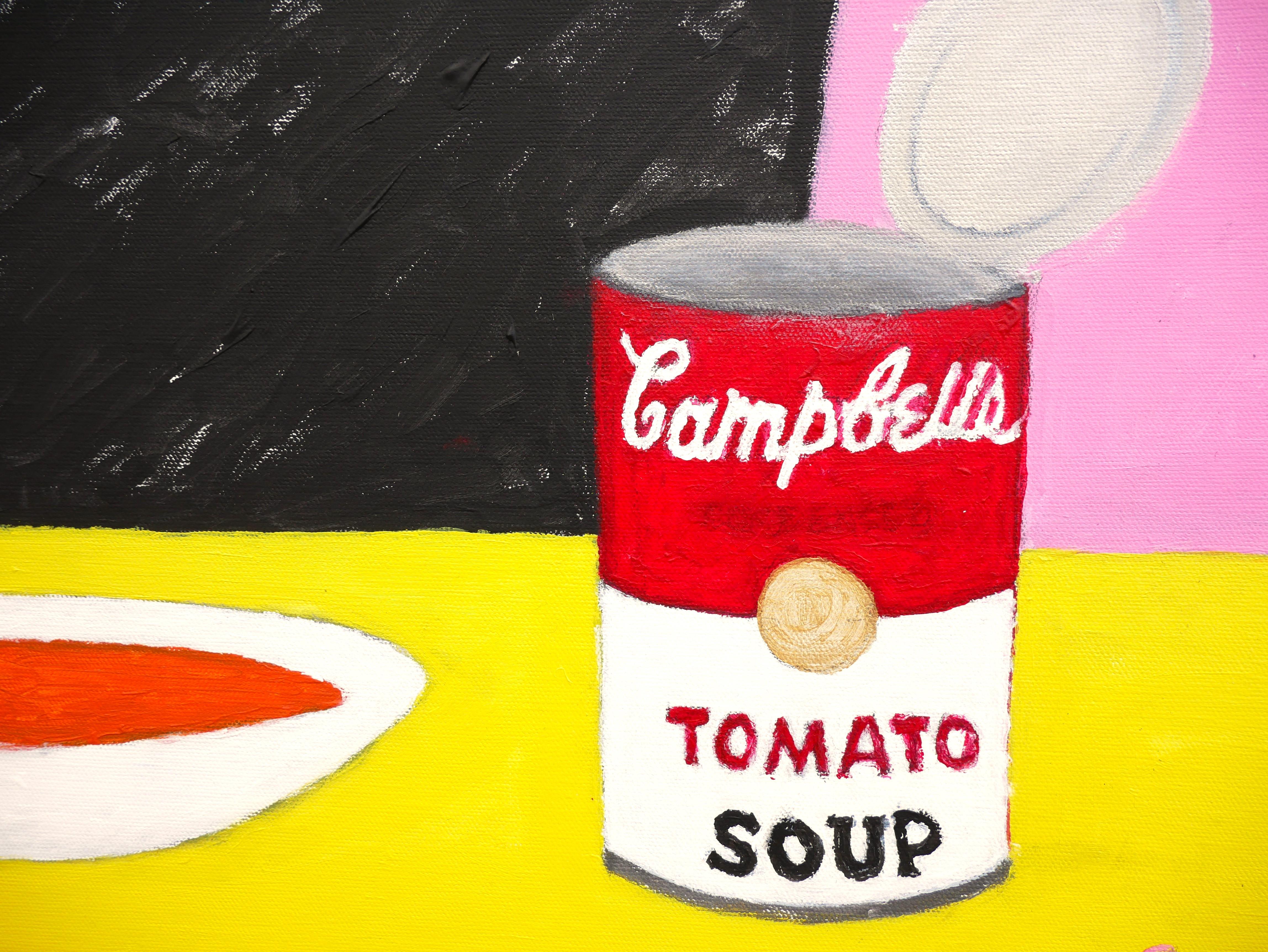 Farbenfrohes zeitgenössisches Porträt von Andy Warhol des in Texas lebenden Künstlers Robert Sandman. Das Werk zeigt realistische Porträts von Warhol, der vor einem rosafarbenen Hintergrund sitzt und eine Schüssel Campbell's Suppe isst, während er