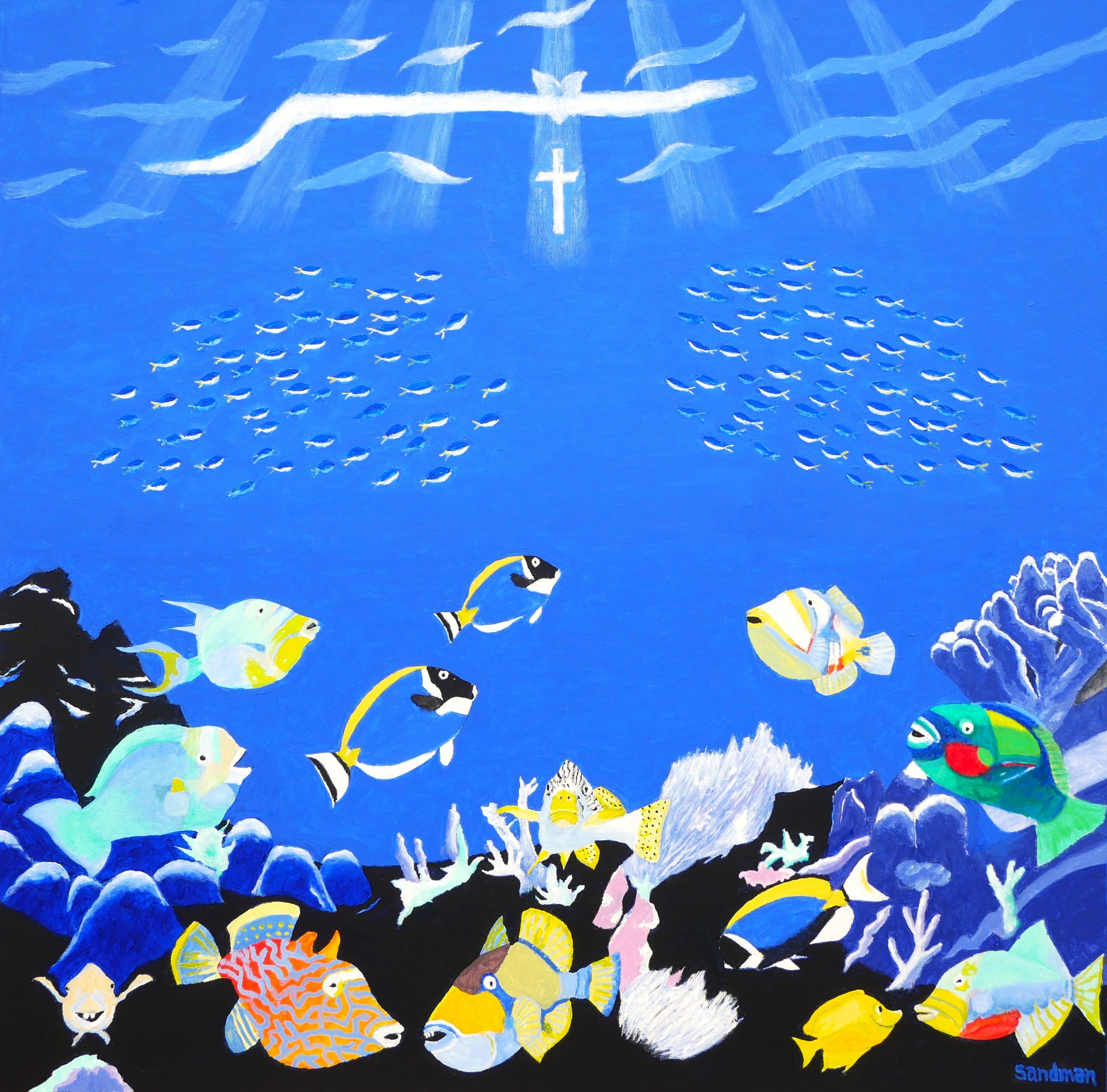 Figurative Painting di Robert Sandman - "La barriera corallina si risveglia" Pittura acquatica contemporanea colorata con pesci nella barriera corallina