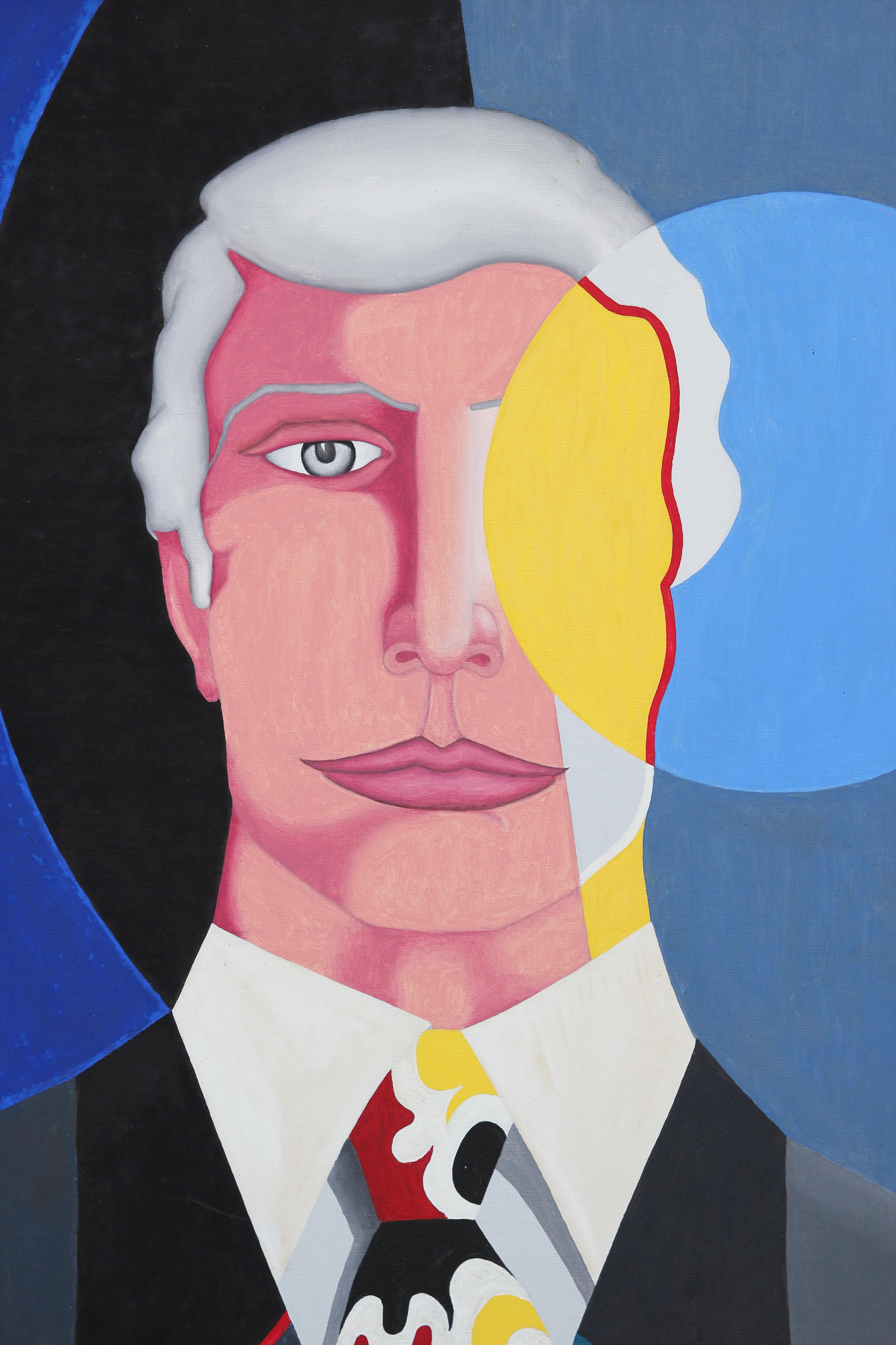 « The Vision » - Peinture de portrait géométrique abstraite moderne bleue, rouge et jaune - Painting de Robert Sandman