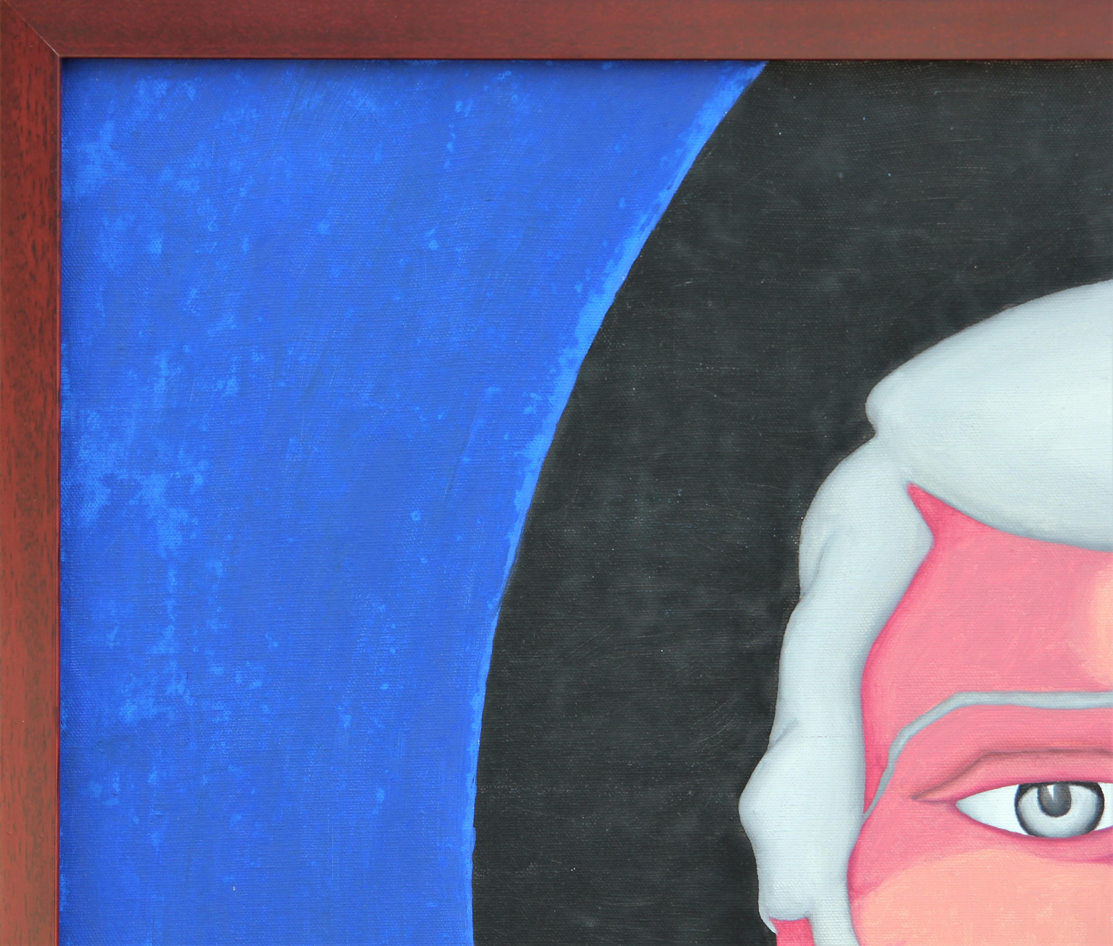 Portrait abstrait moderne bleu, rouge et jaune de l'artiste texan Robert Sandman. L'œuvre représente un homme bien habillé dont une partie du visage est masquée sur un fond géométrique bleu. Signé par l'artiste dans le coin inférieur gauche.
