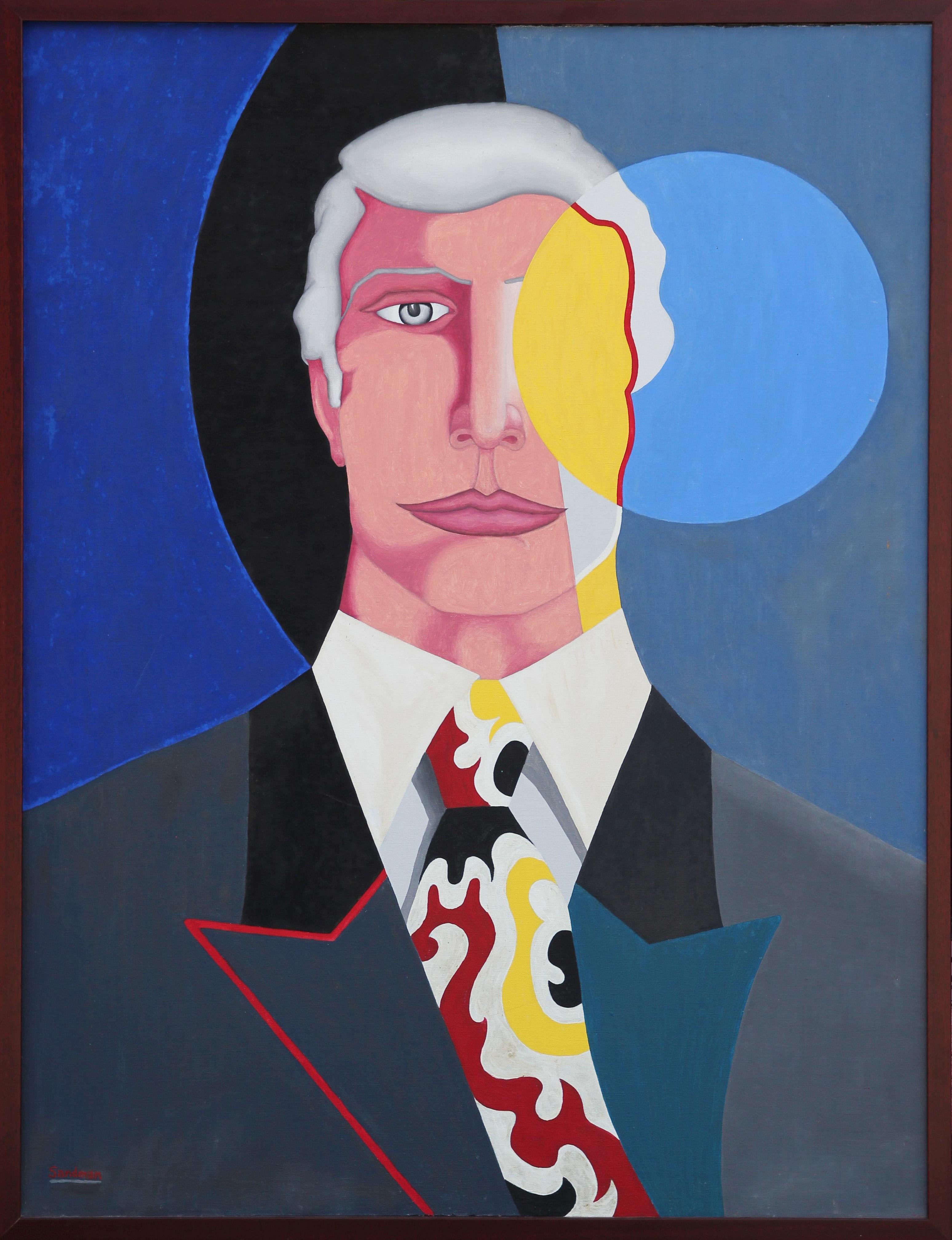 Portrait Painting Robert Sandman - « The Vision » - Peinture de portrait géométrique abstraite moderne bleue, rouge et jaune