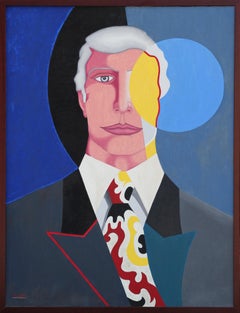 « The Vision » - Peinture de portrait géométrique abstraite moderne bleue, rouge et jaune