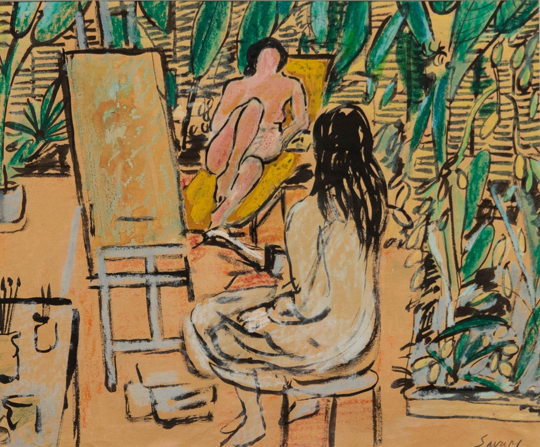 Robert Savary (1929-2000) - Media mista del 20th Century, nudo in studio, con cornice in vendita 1