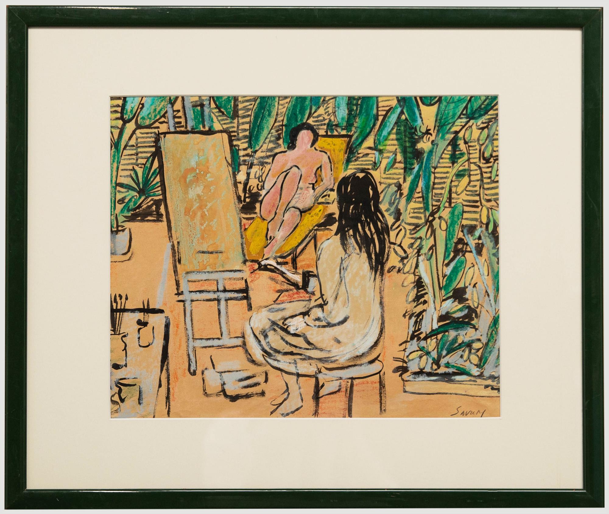 Robert Savary (francese, 1929-2000). Opera originale a inchiostro e acquerello. Firmato in basso a destra. Presentato in una cornice verde contemporanea con una nitida montatura bianca. Sulla carta. 