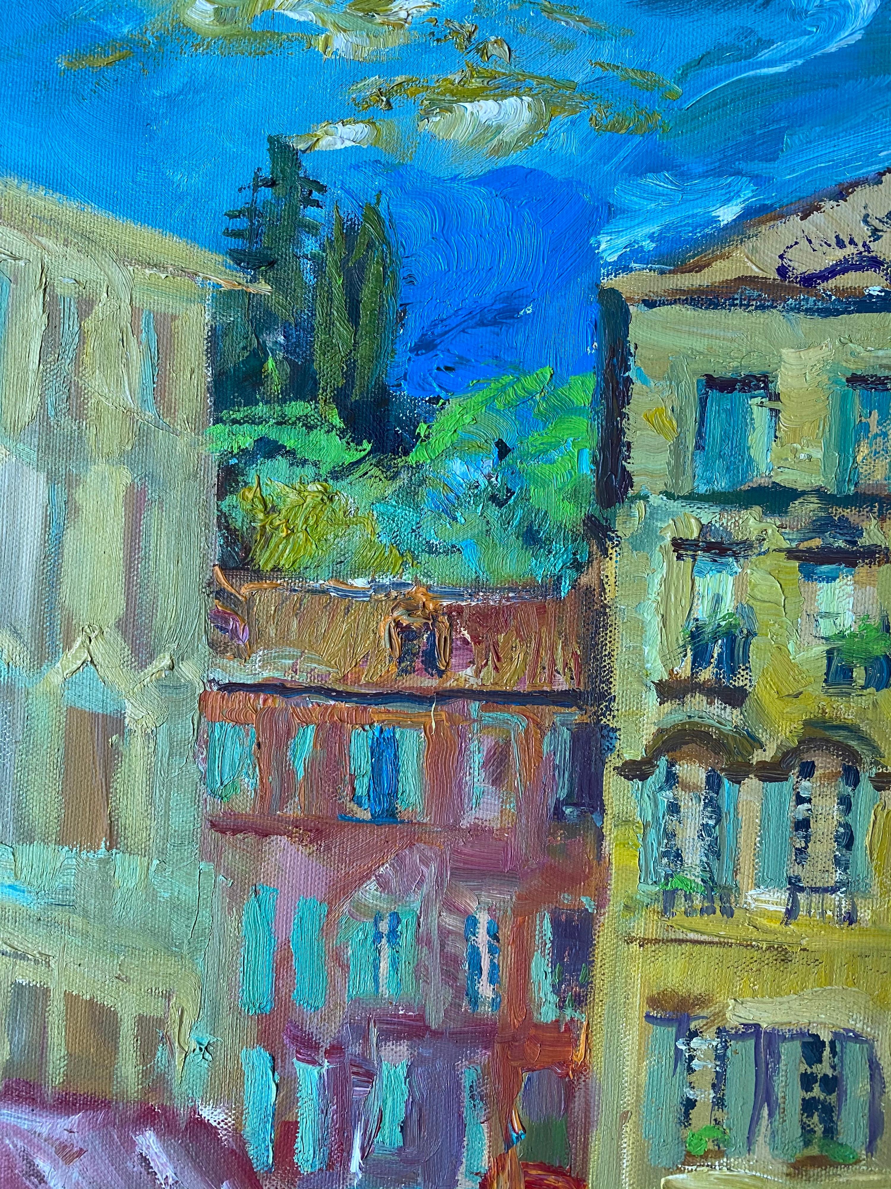 Cours Saleya Nice Market Old Town, peinture à l'huile originale signée - Bleu Landscape Painting par Robert Savary