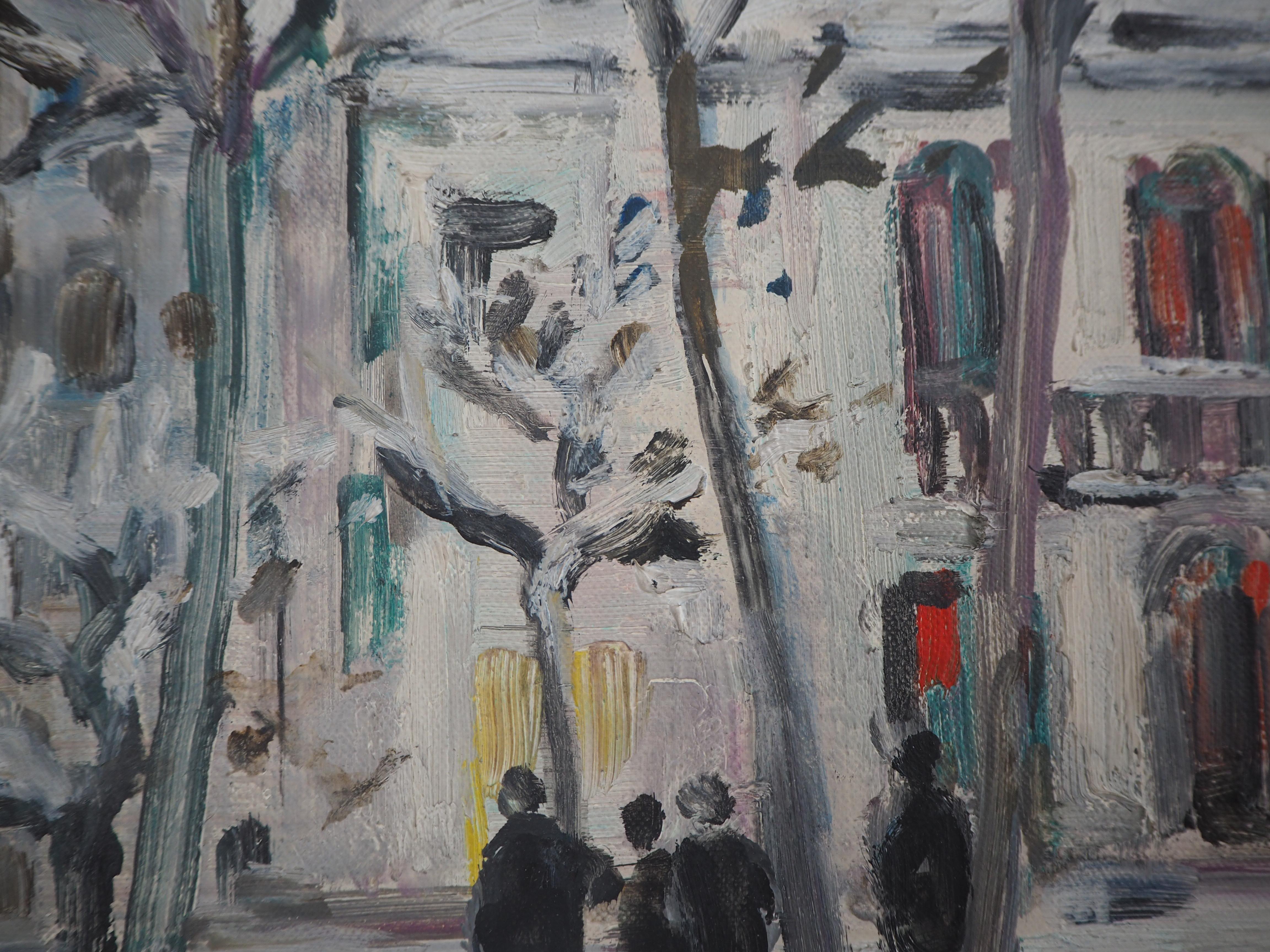 Paris : Snow on Atelier Theater in Montmartre - Original oil on canvas, signed 2