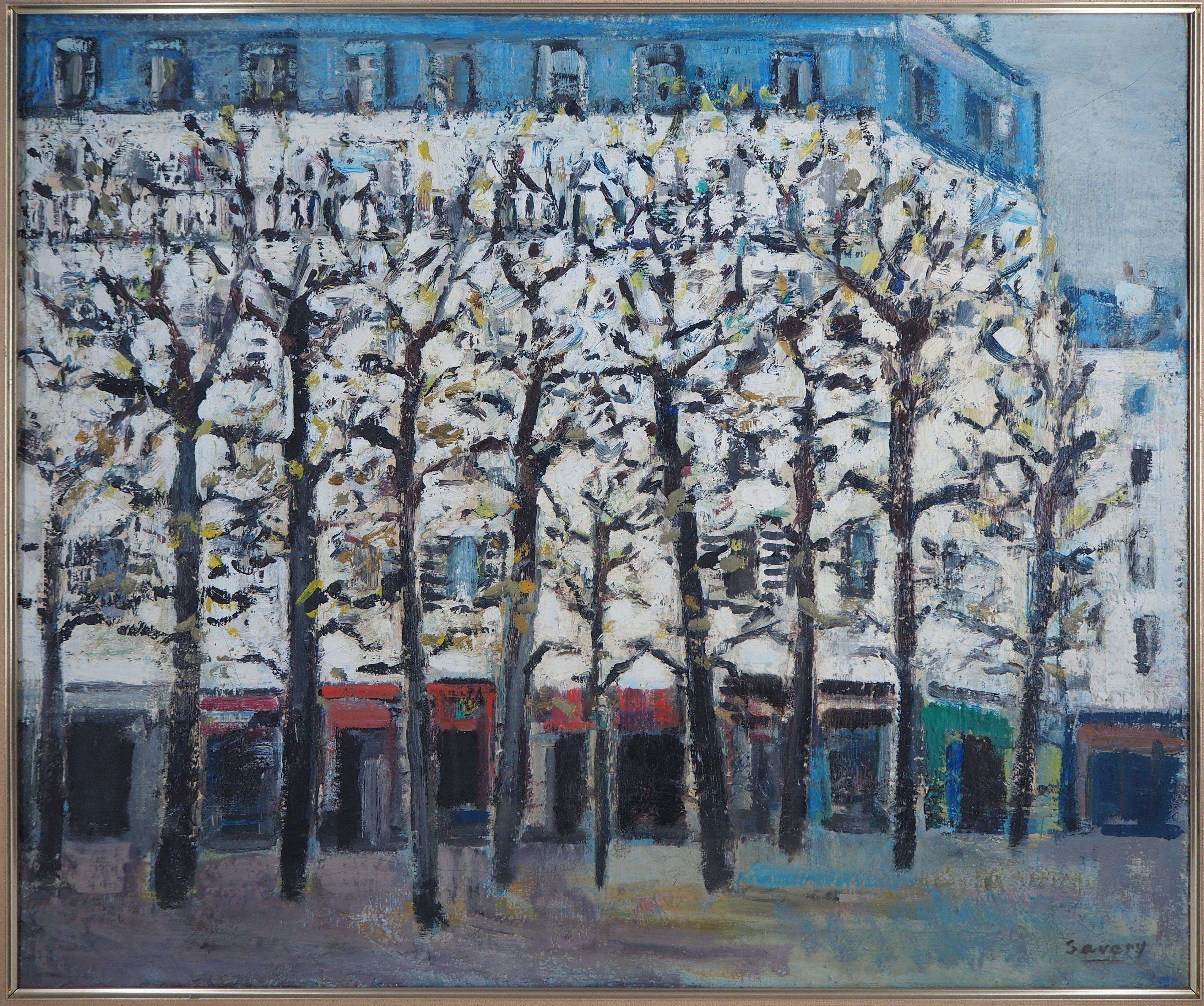 Spring in Paris : Square in Montmartre - Huile sur toile originale, signée - Moderne Painting par Robert Savary