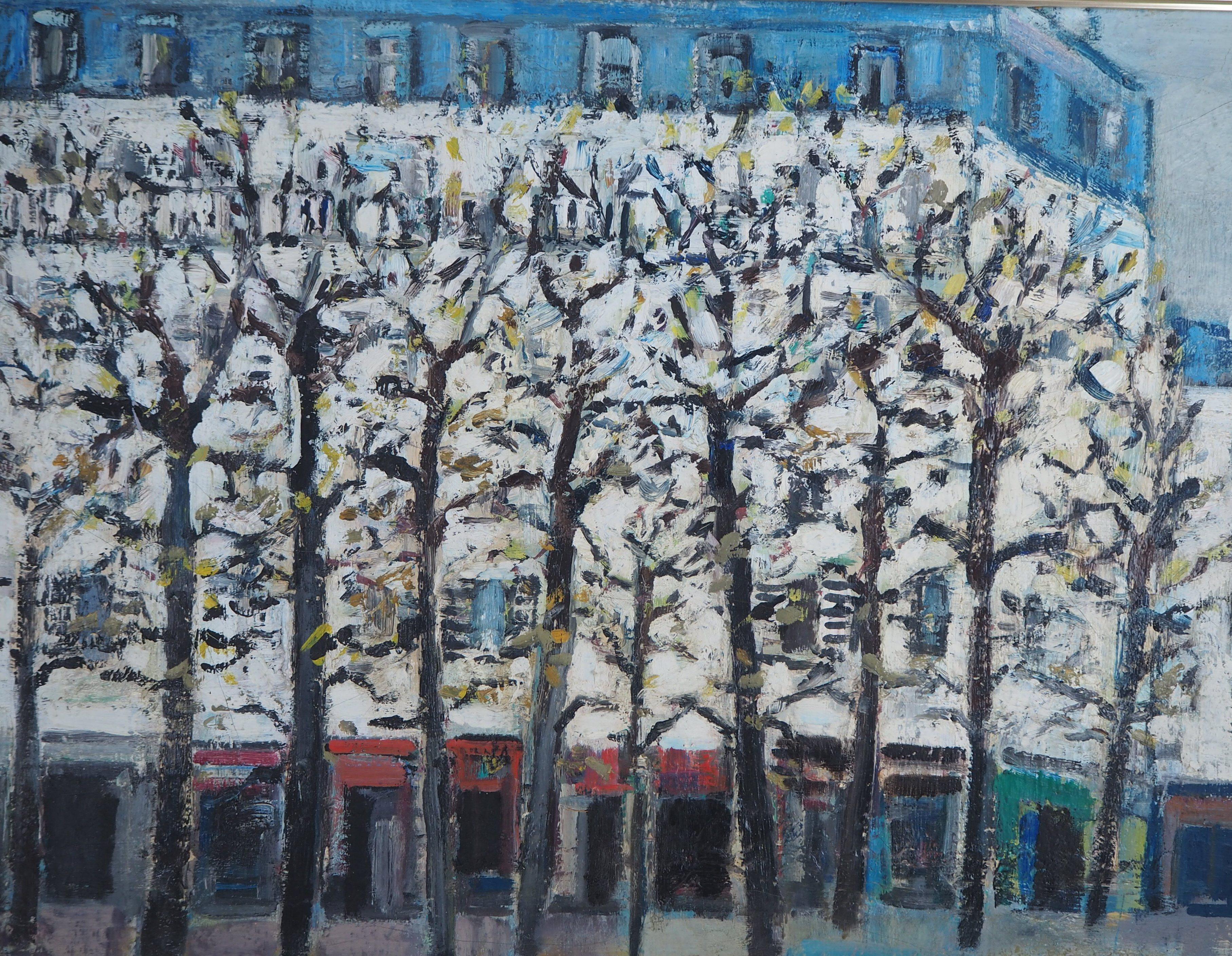 Spring in Paris : Square in Montmartre - Huile sur toile originale, signée - Marron Landscape Painting par Robert Savary