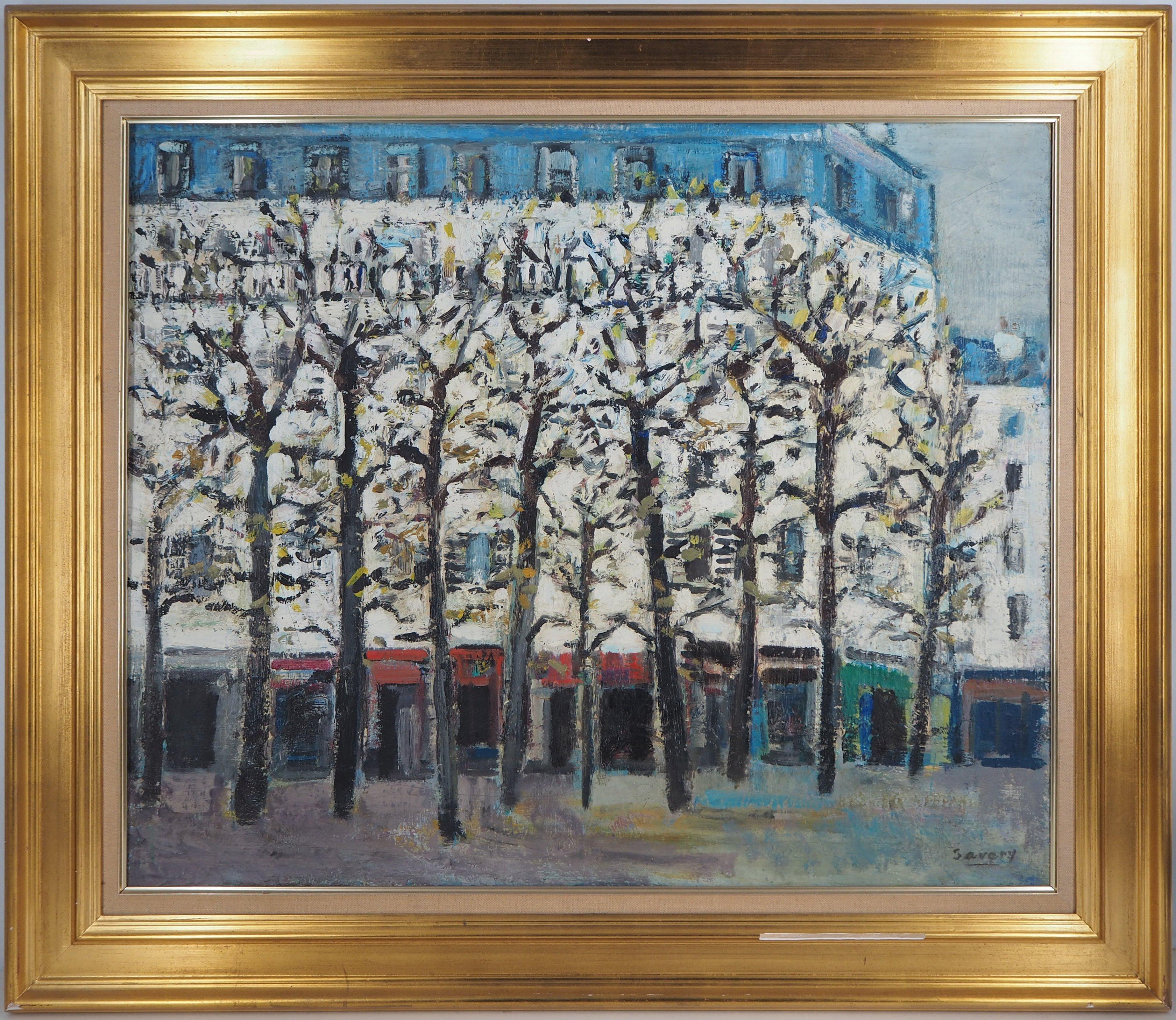 Landscape Painting Robert Savary - Spring in Paris : Square in Montmartre - Huile sur toile originale, signée