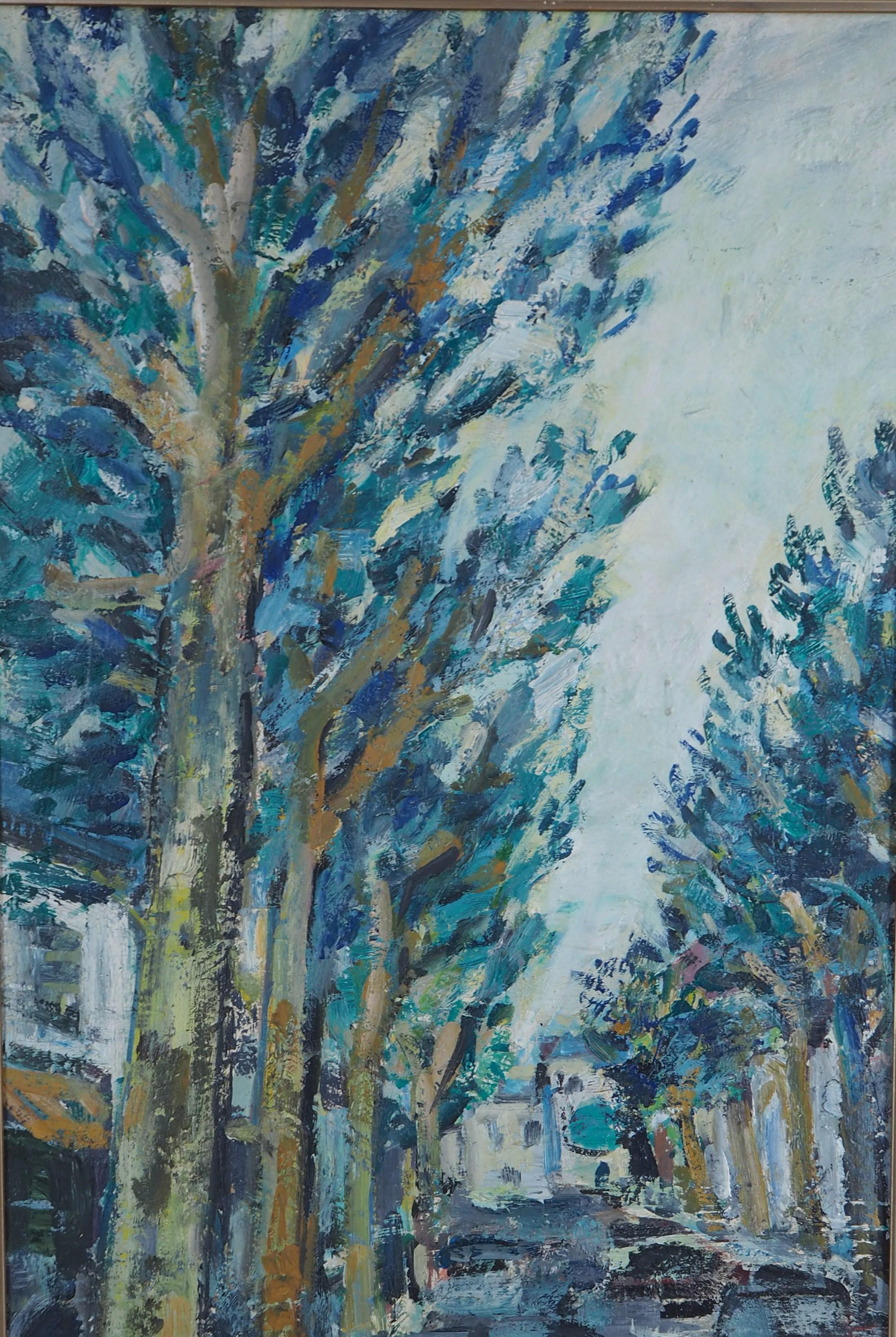 Spring, Tree-Lined Avenue - Original oil painting, signed - Modern Painting by Robert Savary