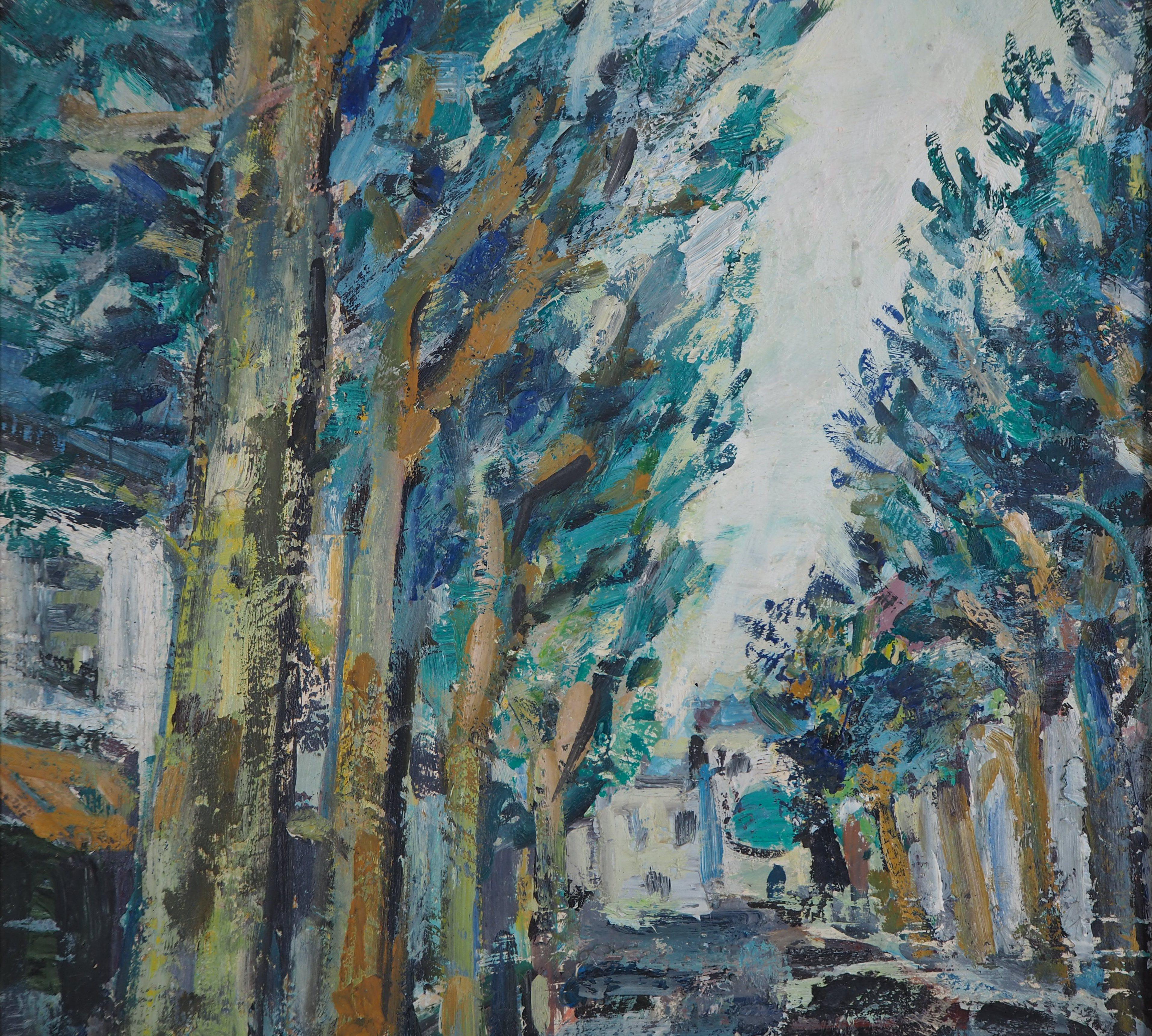 Spring, Tree-Lined Avenue - Original oil painting, signed - Brown Figurative Painting by Robert Savary