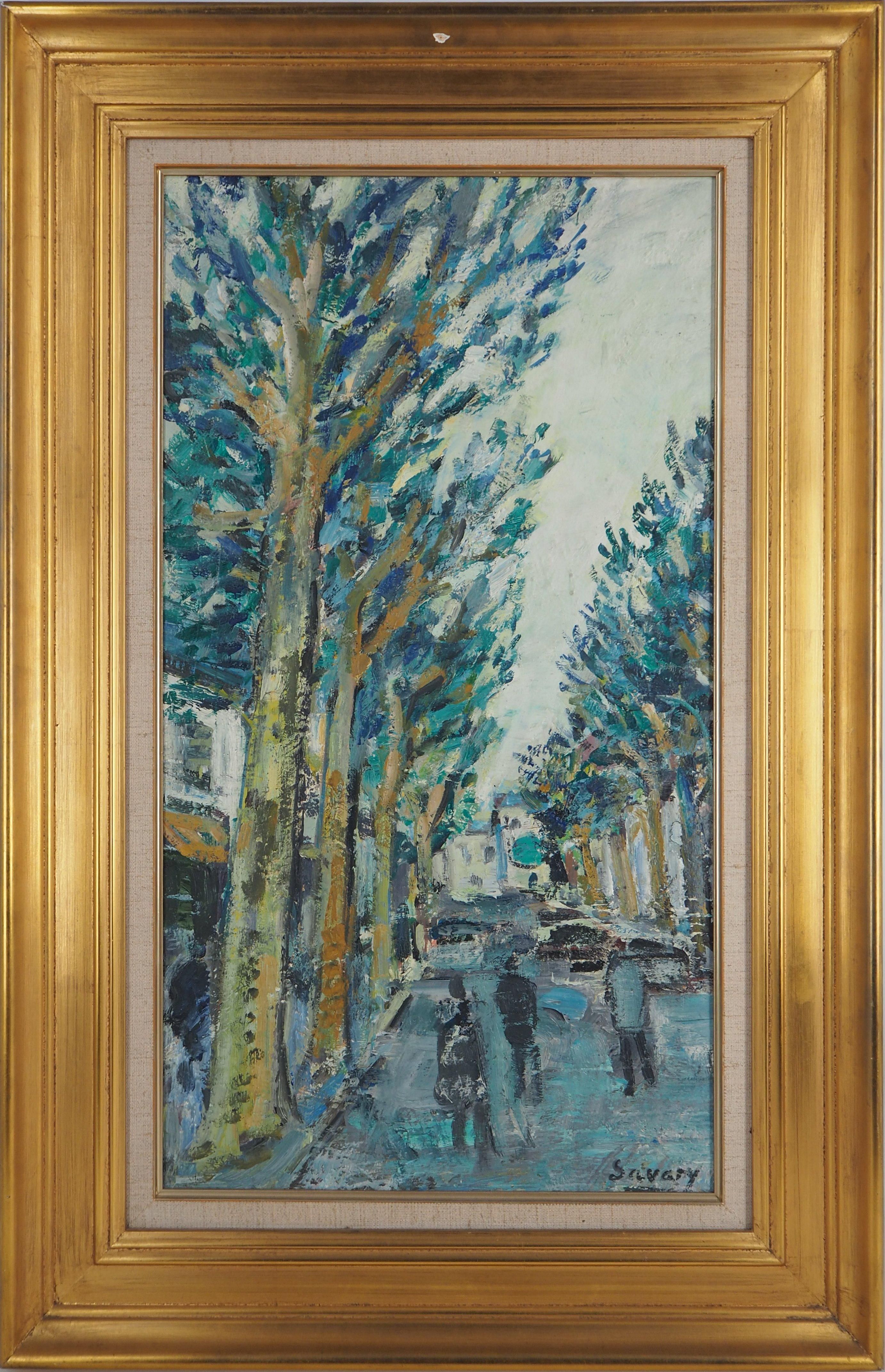 Robert Savary Figurative Painting - Spring, Tree-Lined Avenue - Original oil painting, signed