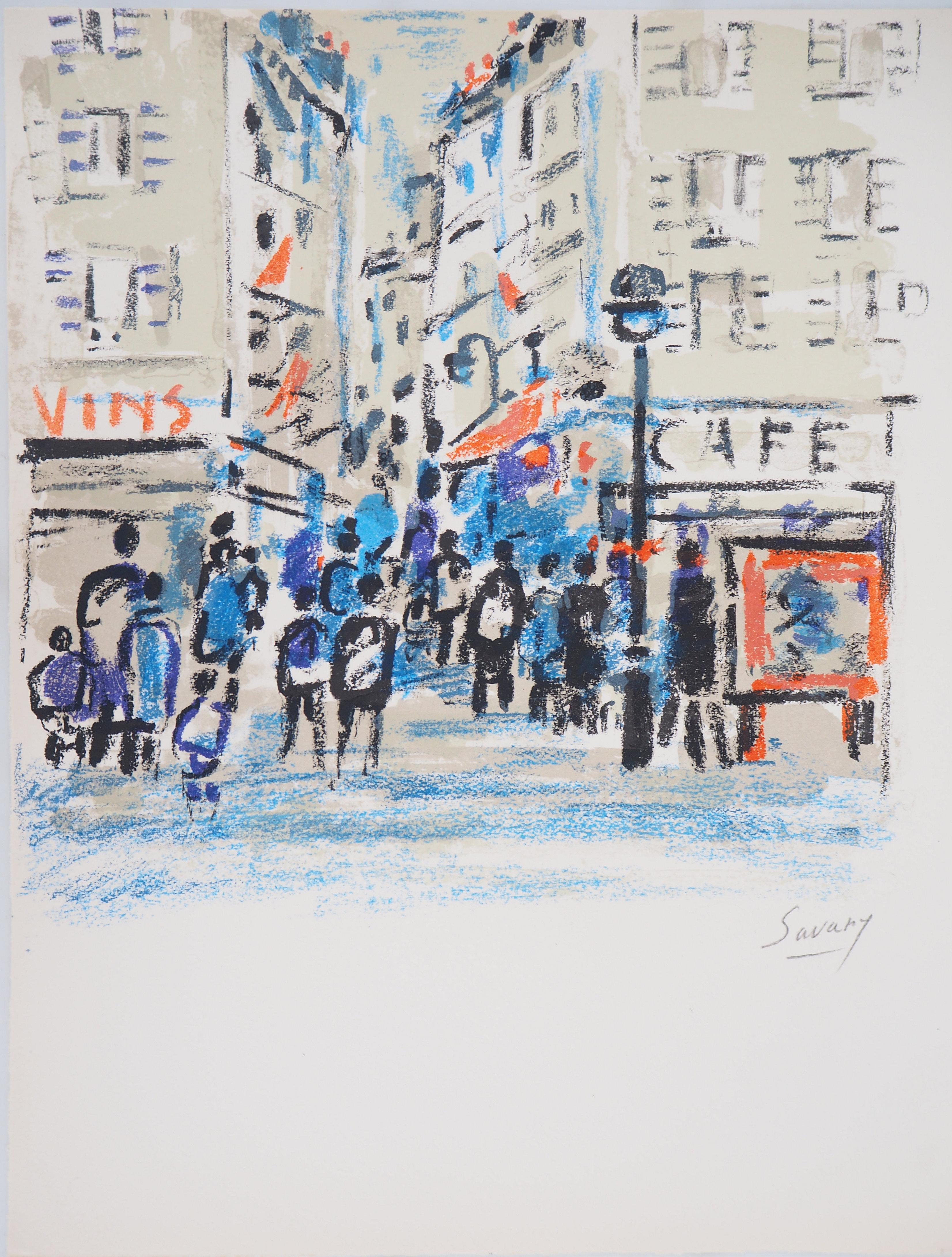 Landscape Print de Robert Savary - París : Calle animada - Litografía original, firmada a mano
