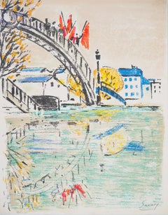 Paris : pont au-dessus du canal Saint Martin - Lithographie originale, signée à la main