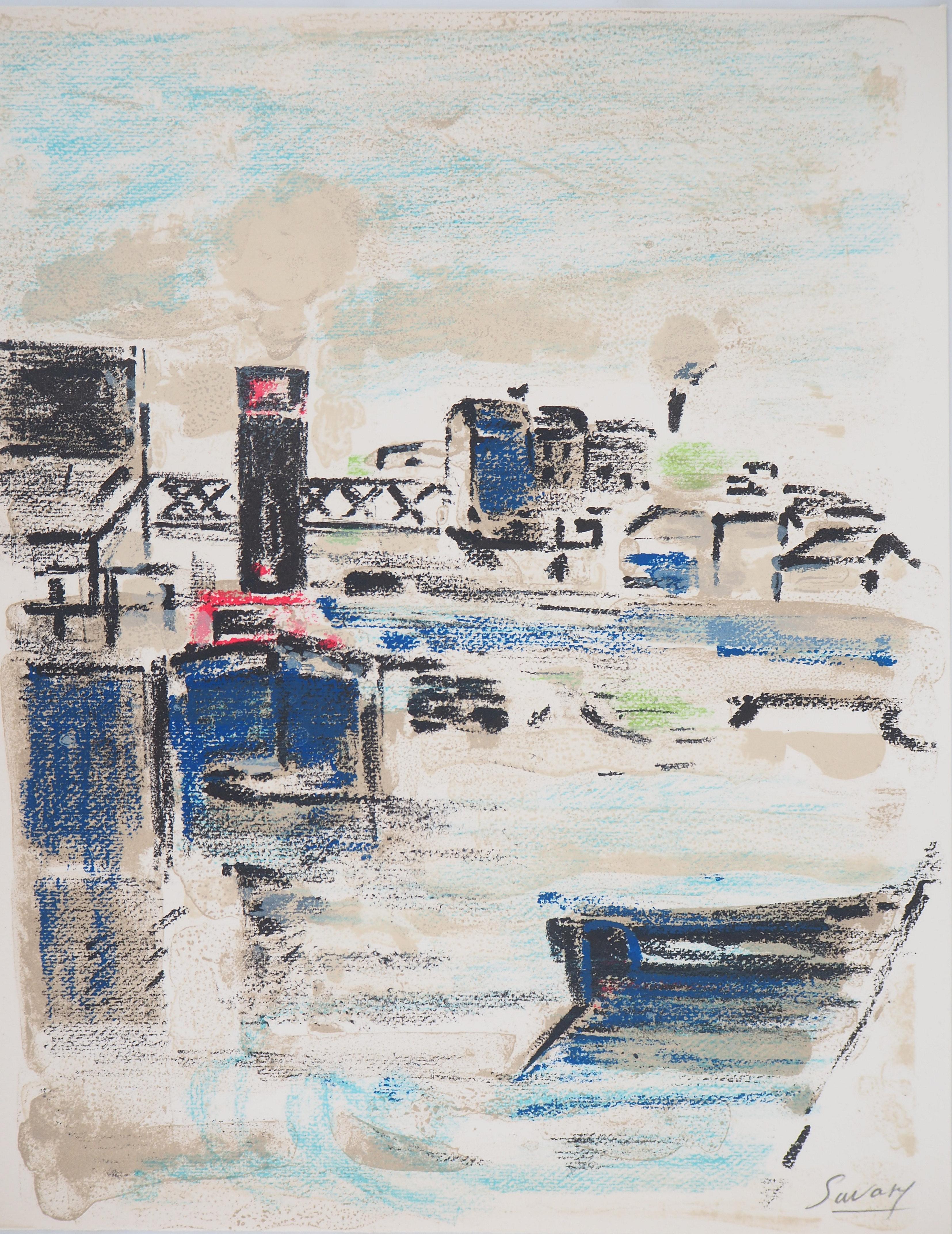 Robert Savary Landscape Print - Paris : Houseboats on Seine River - Original Lithograph, Handsigned