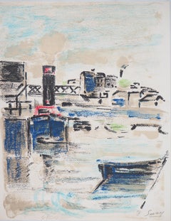 Paris : Houseboats on Seine River - Original Lithograph, Handsigned