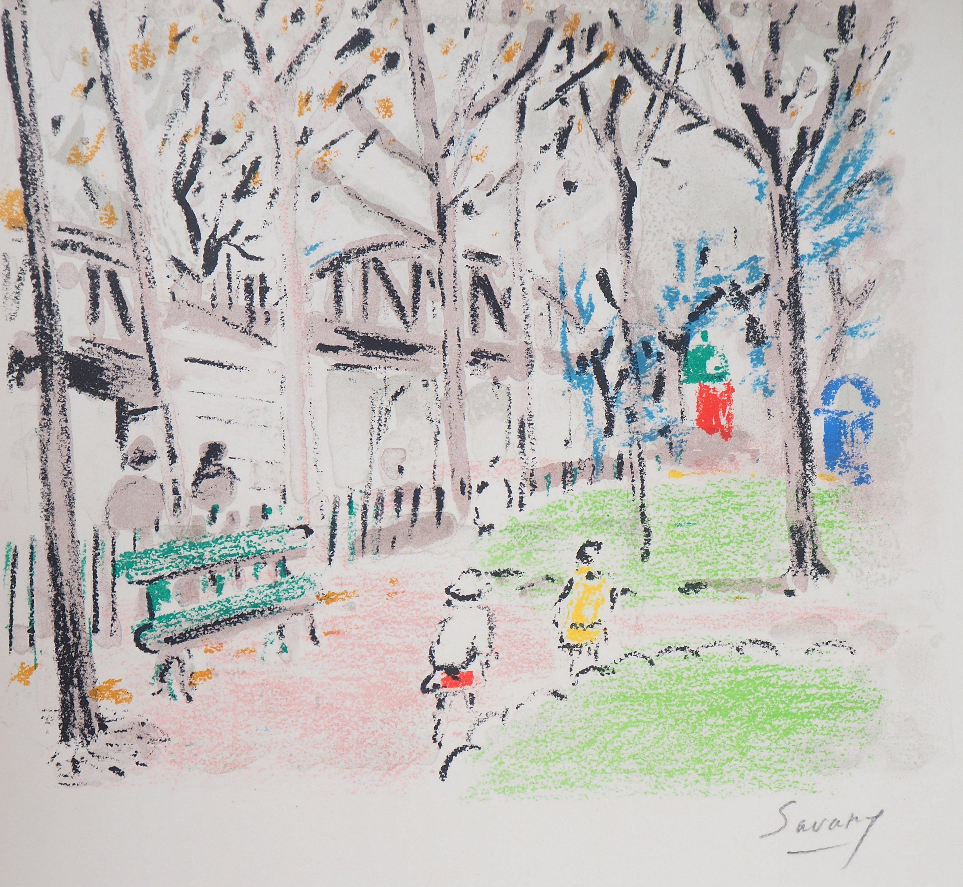 Landscape Print di Robert Savary - Parigi: Parco Monceau - Litografia originale, firmata con la mano