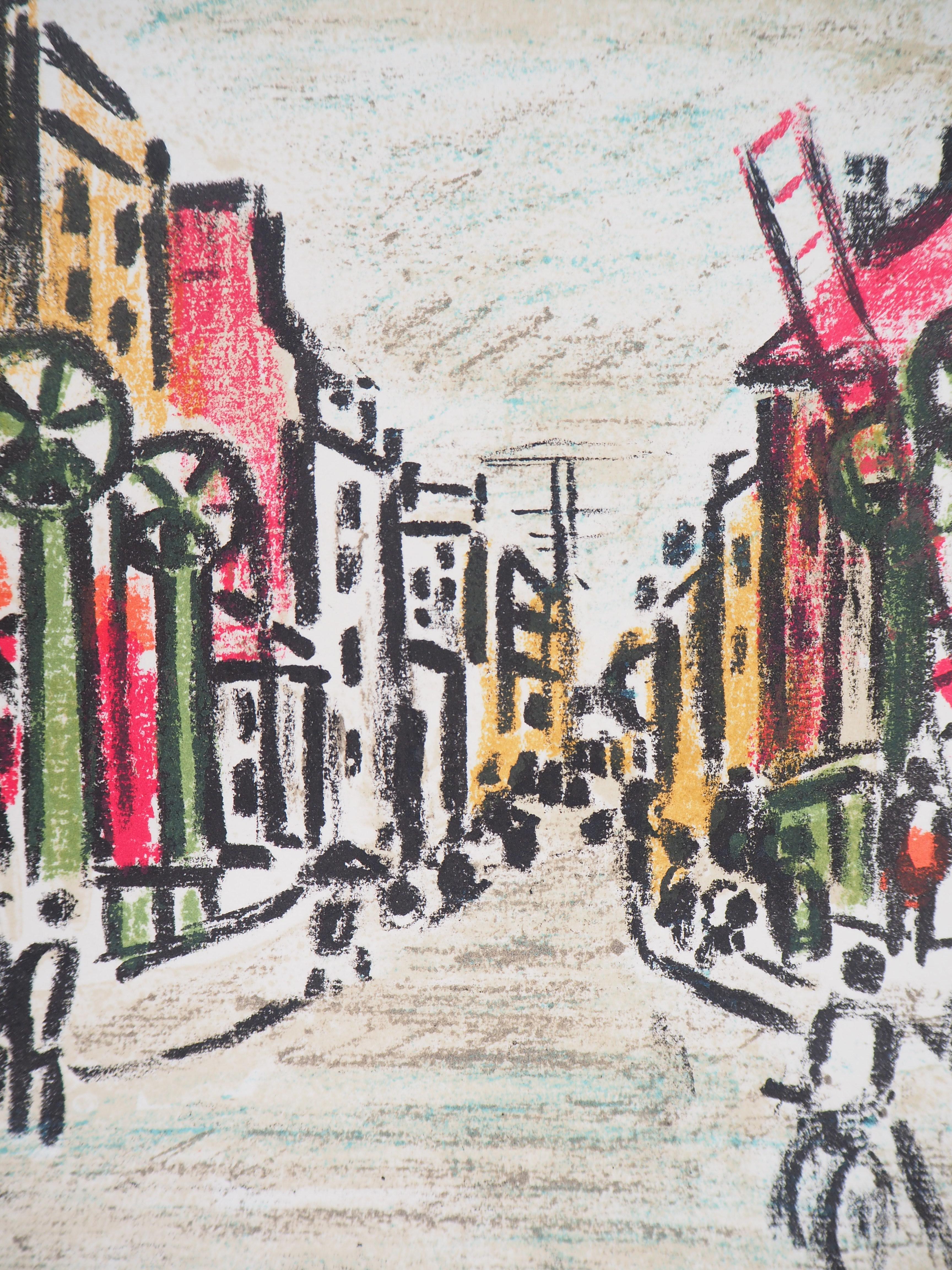París : Cerca del Canal Saint Martin - Litografía original, firmada a mano - Landscape Print Gris de Robert Savary