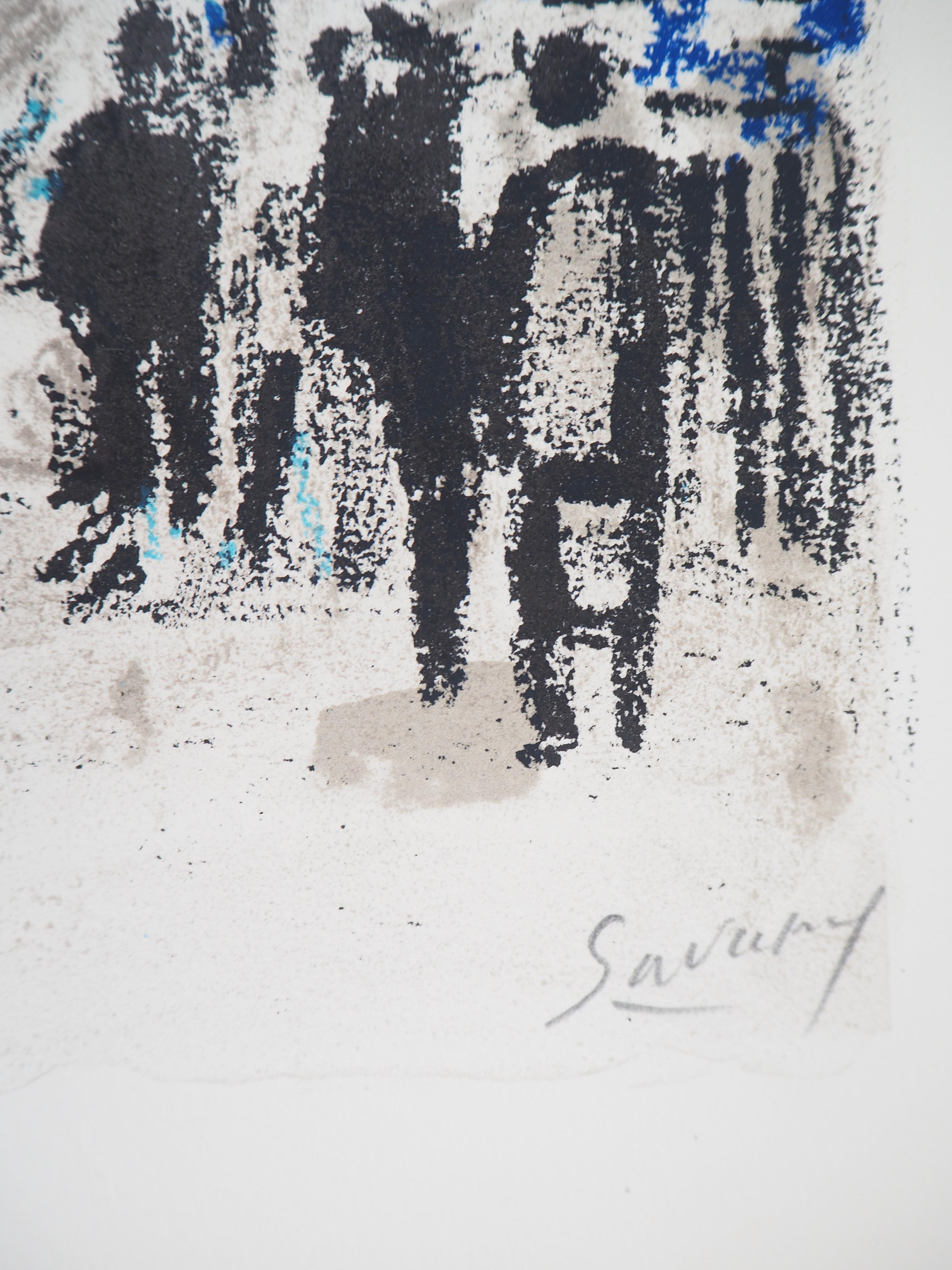 París : Cerca de la estación de Saint Lazare - Litografía original, firmada a mano - Print de Robert Savary