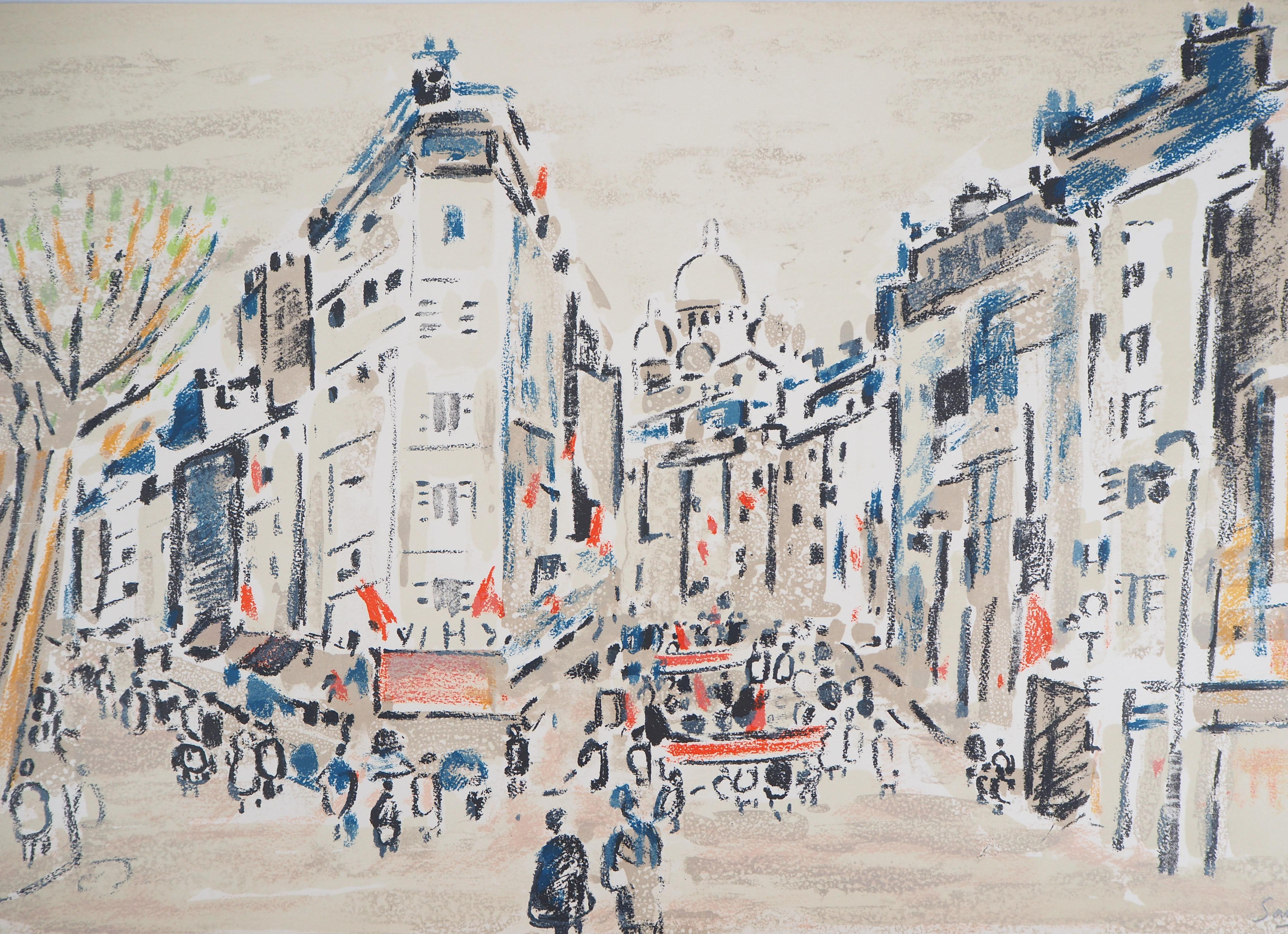 Paris : On the Way to Montmartre - Original Lithograph, Handsigned - Beige Landscape Print by Robert Savary