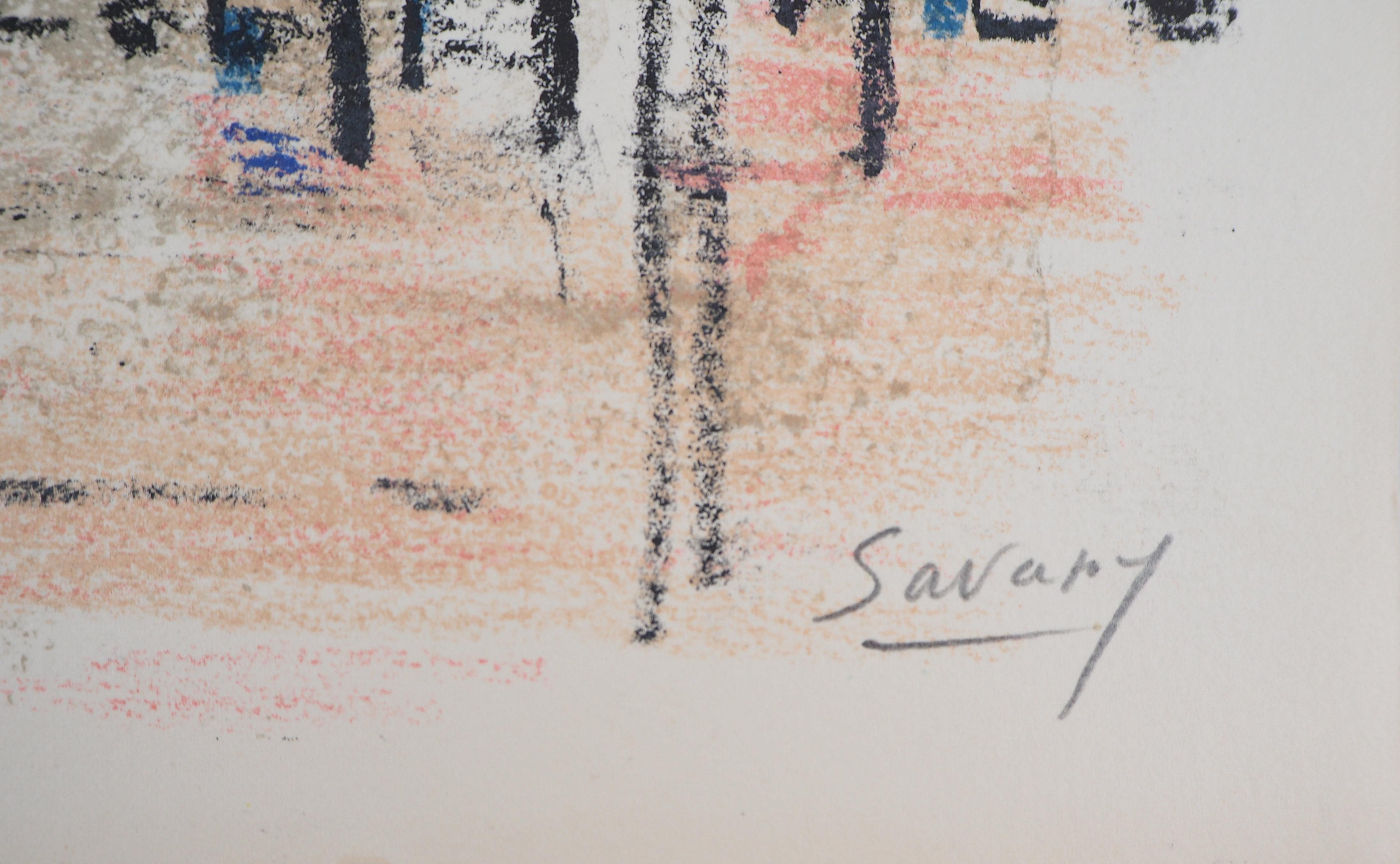 Paris : Square with Morris Column - Lithographie originale, signée à la main - Print de Robert Savary