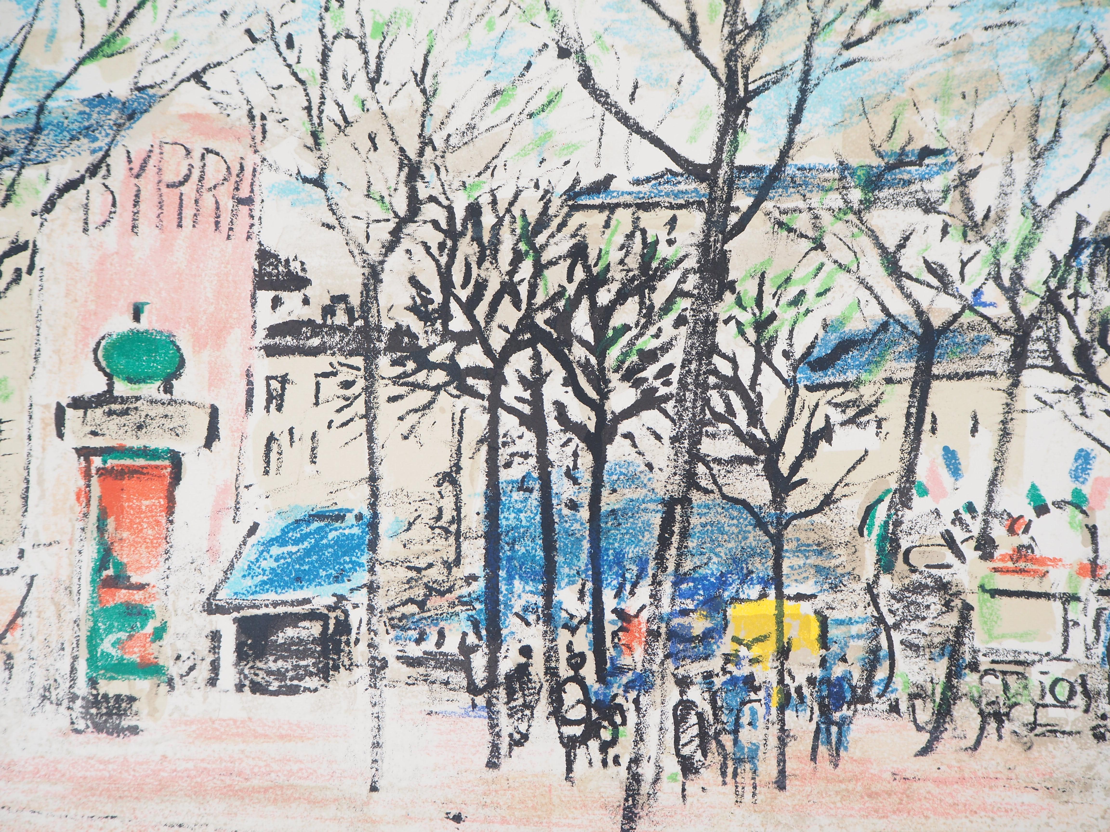 Paris : Square with Morris Column - Lithographie originale, signée à la main - Moderne Print par Robert Savary