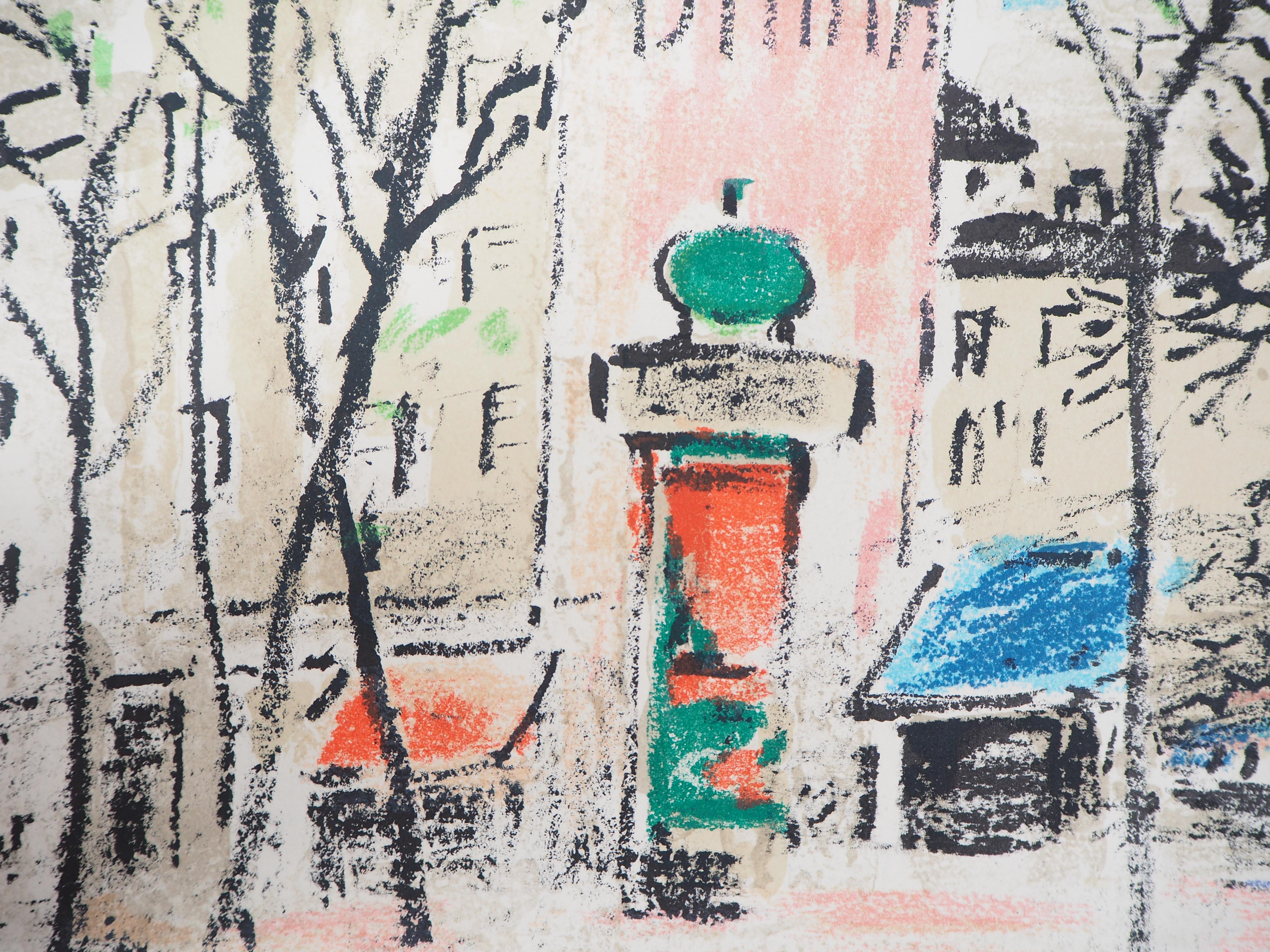 Paris : Square with Morris Column - Original Lithograph, Handsigned - Gray Landscape Print by Robert Savary
