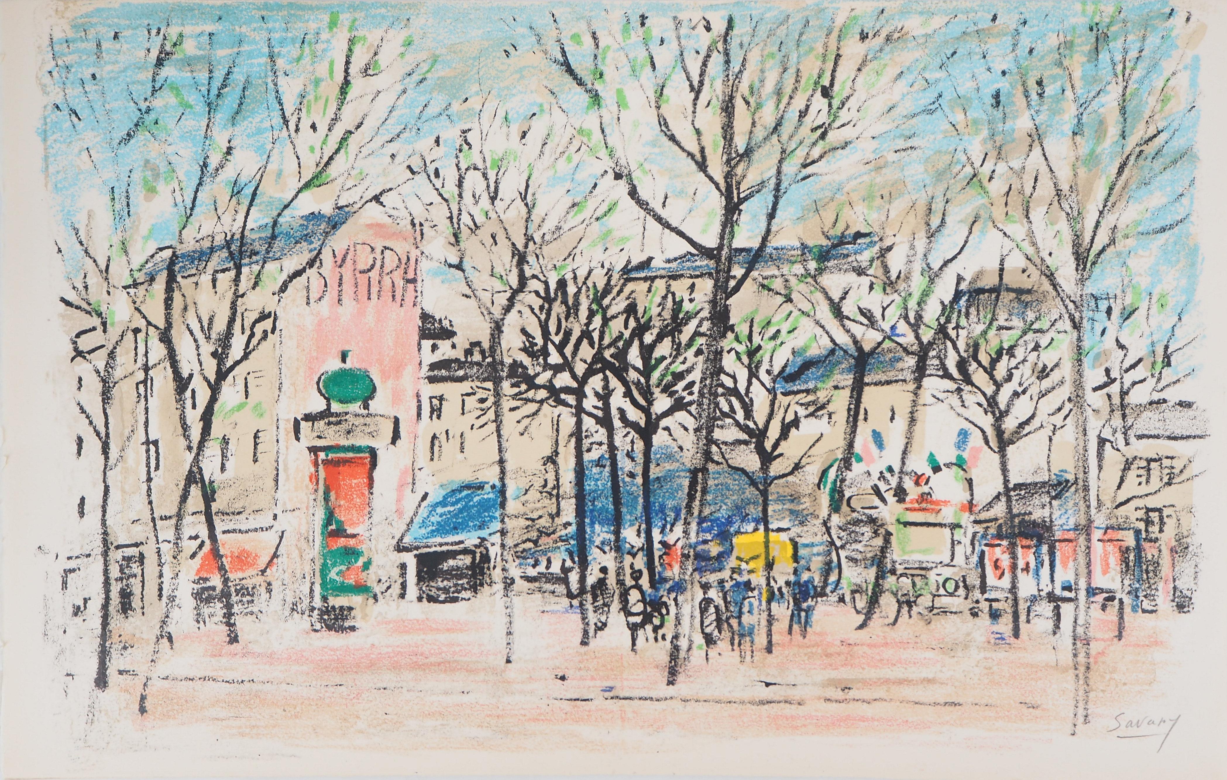 Landscape Print Robert Savary - Paris : Square with Morris Column - Lithographie originale, signée à la main