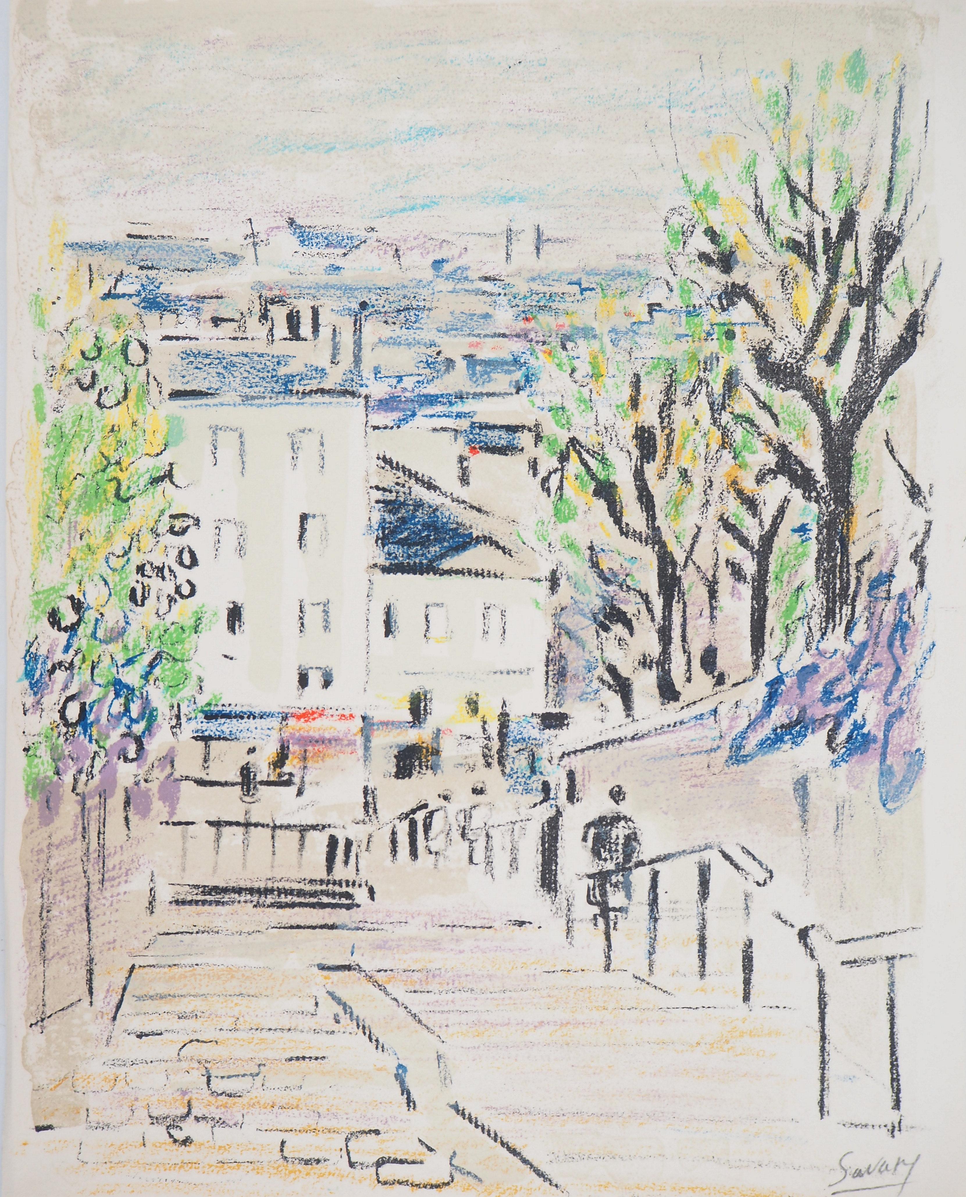 Robert Savary Landscape Print - Paris : Stairs of Montmartre (Caulaincourt) - Original Lithograph, Handsigned