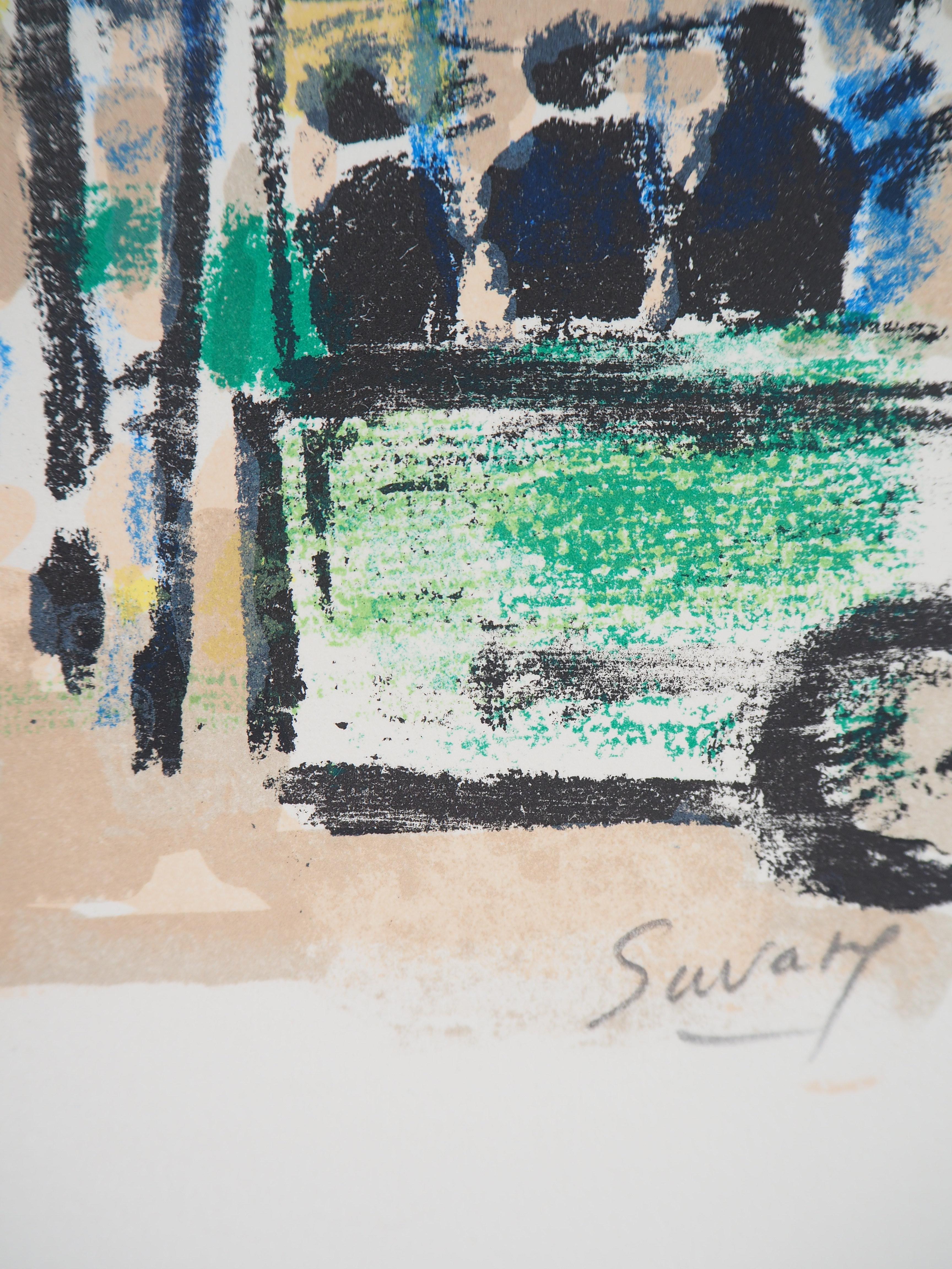Parigi: mercato di strada - Litografia originale, firmata con la mano - Print di Robert Savary