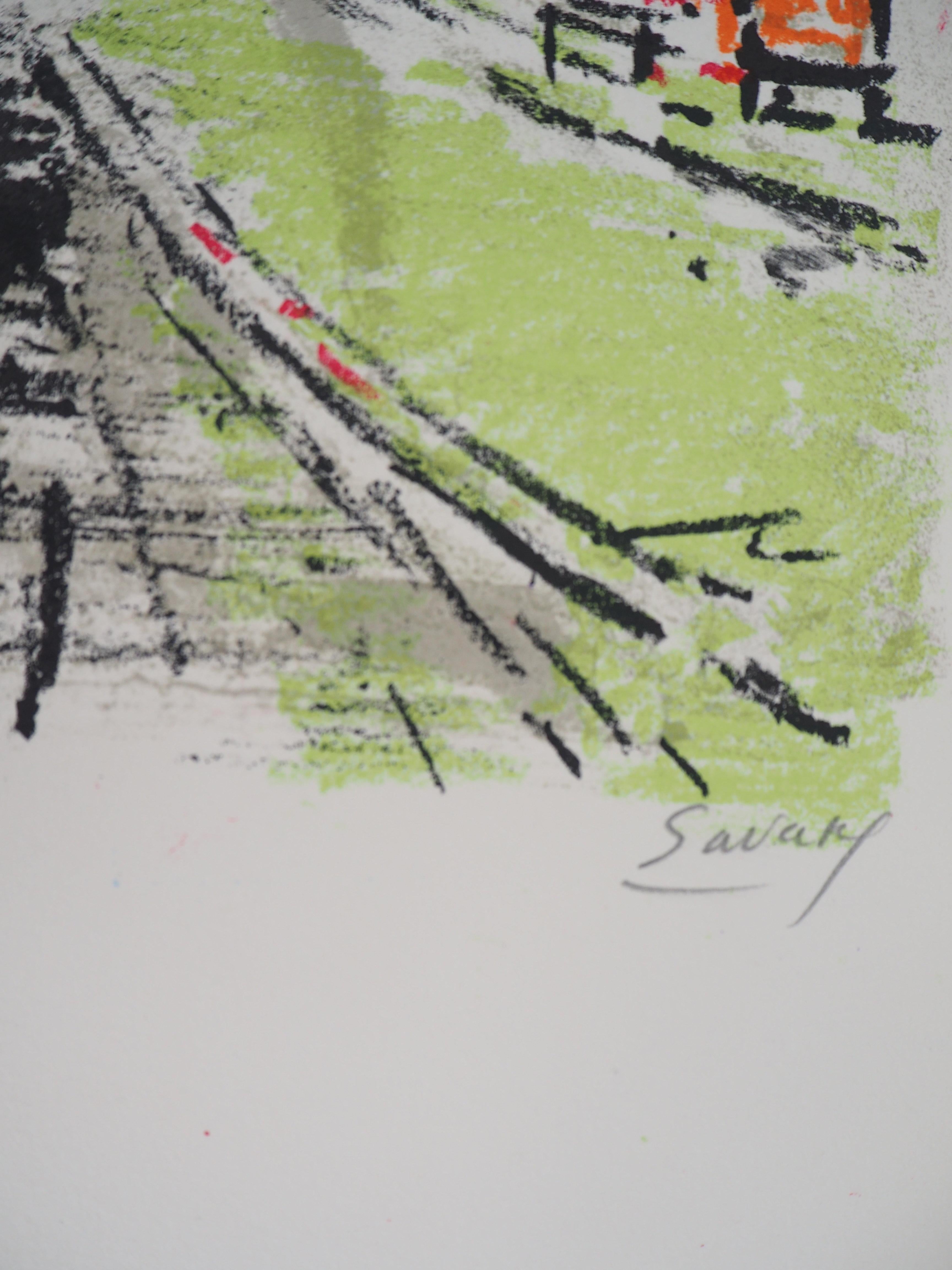 París : El Viejo Tren de Vapor - Litografía Original, Firmada a Mano - Print Moderno de Robert Savary