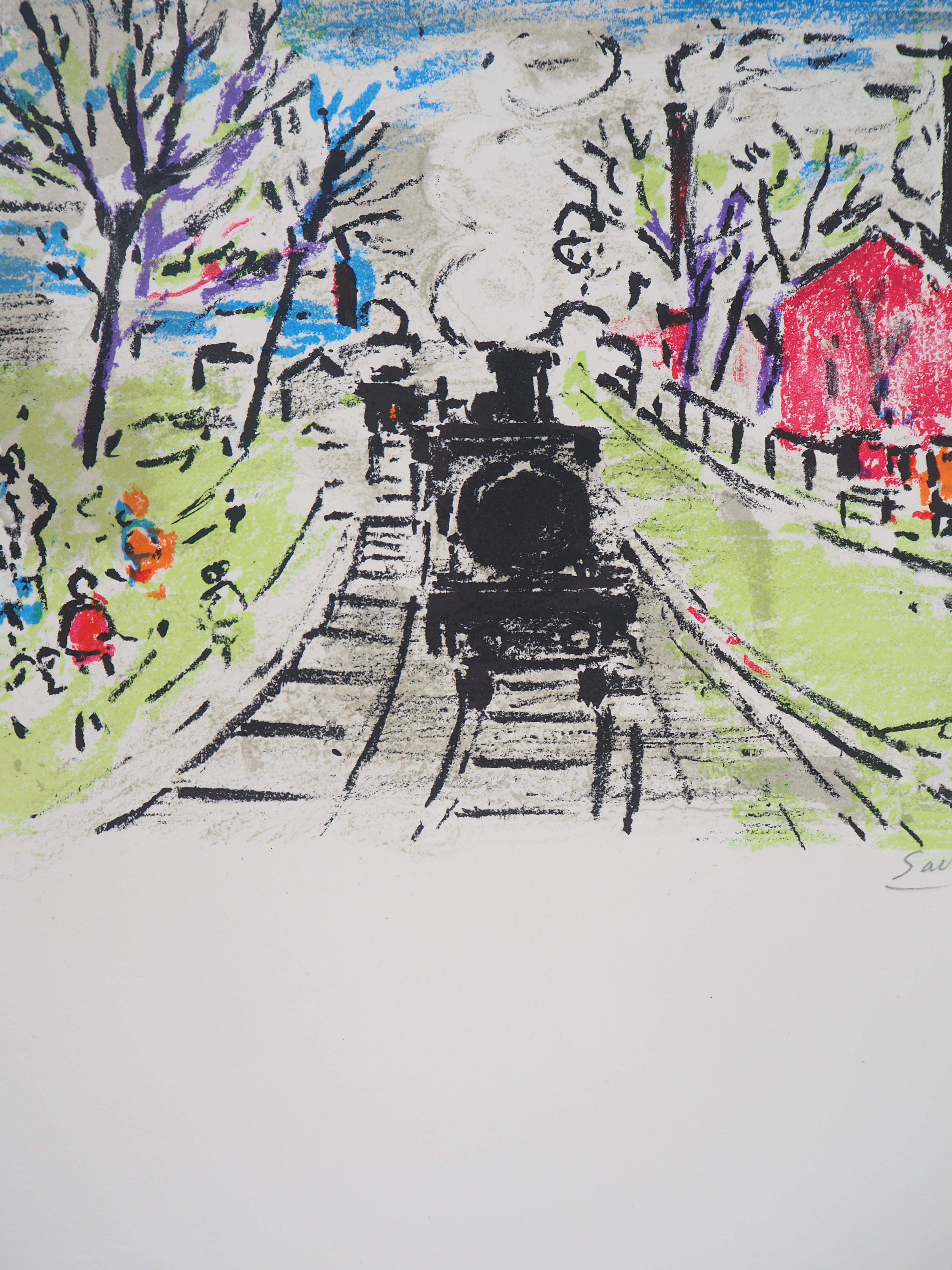 Paris : The Old Steam Train - Original Lithograph, Handsigned - Gray Landscape Print by Robert Savary