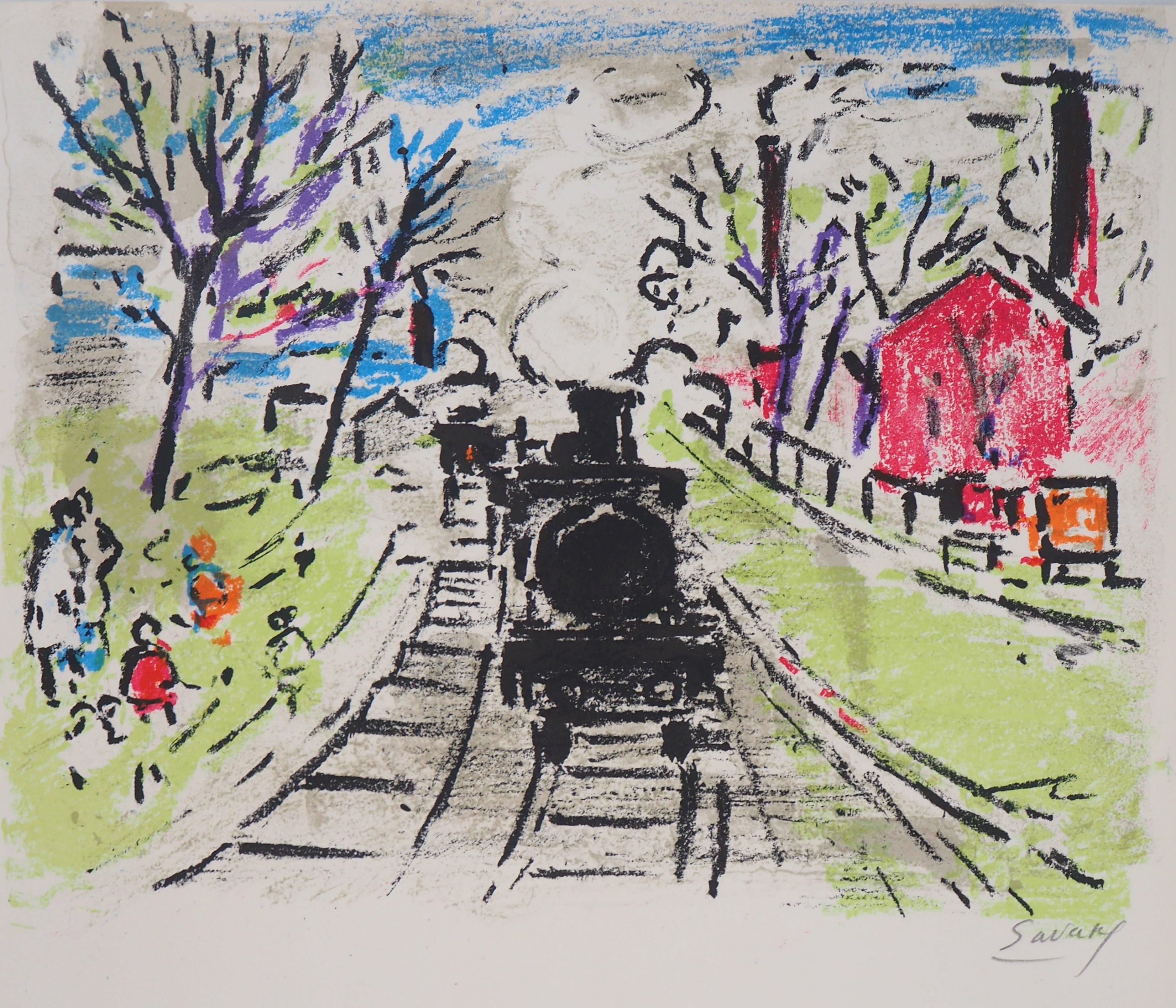Landscape Print de Robert Savary - París : El Viejo Tren de Vapor - Litografía Original, Firmada a Mano