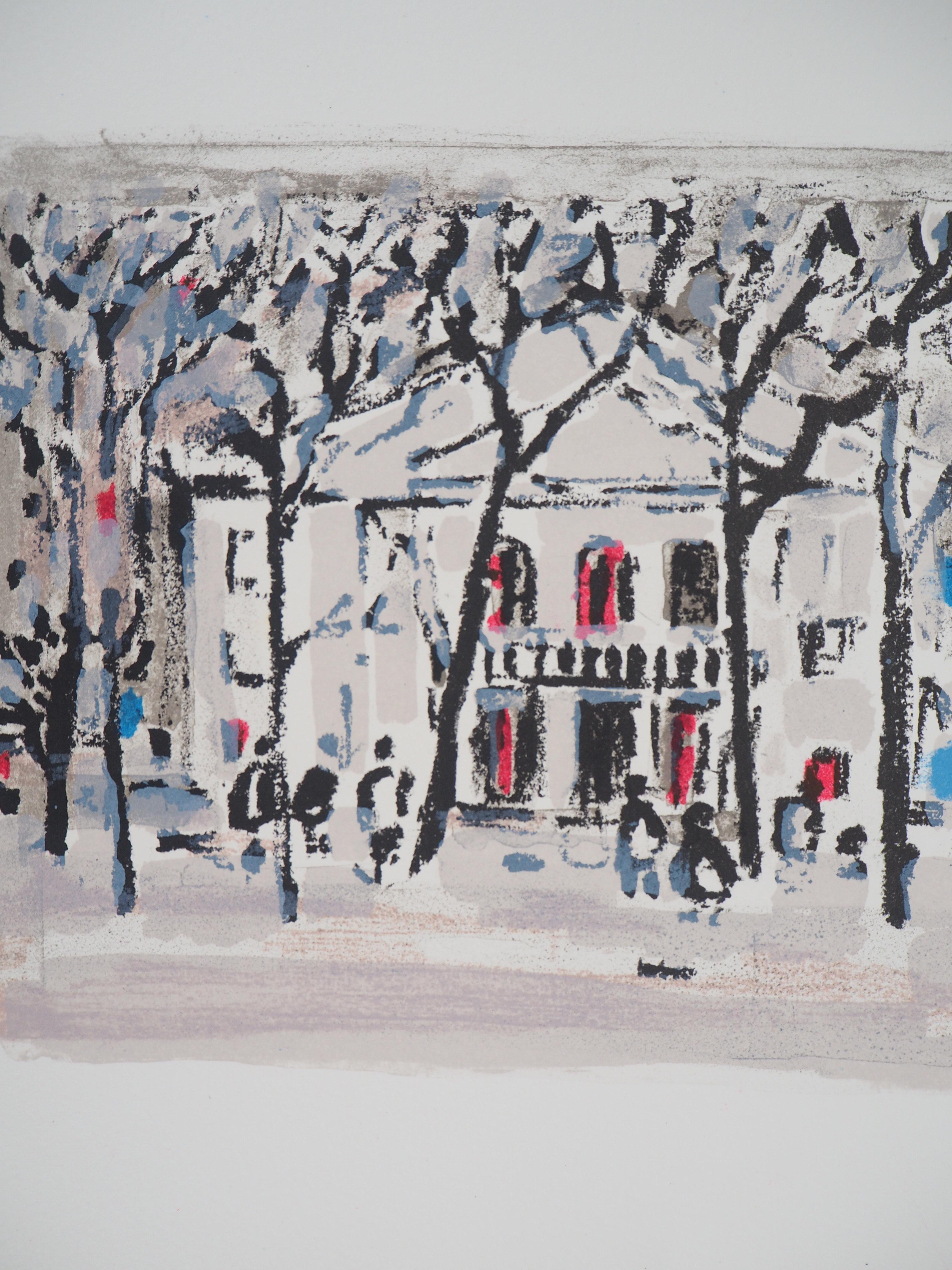 Parigi: Teatro dell'Atelier a Montmartre - Litografia originale, firmata con la mano - Landscape Print Grigio di Robert Savary
