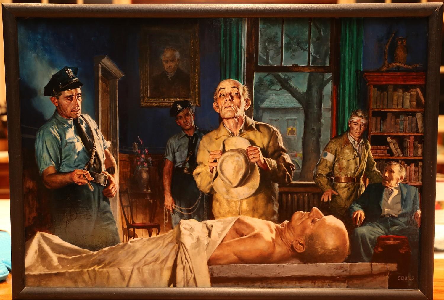 Uomo che identifica il cadavere alla polizia, illustrazione di una probabile storia di rivista - Painting di Robert Schulz