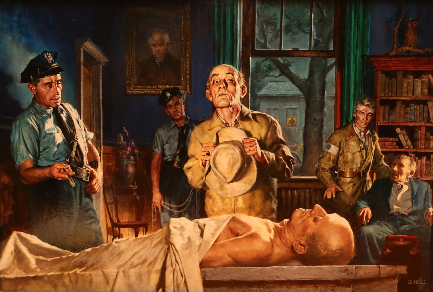 Figurative Painting di Robert Schulz - Uomo che identifica il cadavere alla polizia, illustrazione di una probabile storia di rivista