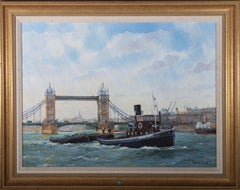 Robert Scott - Zeitgenössisches Öl, Themse-Kähne an der Tower Bridge