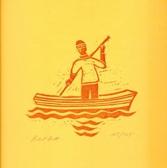 Vintage 1980 Robert Scott 'Pole Boat' Outsider Art Yellow, Orange Woodblock