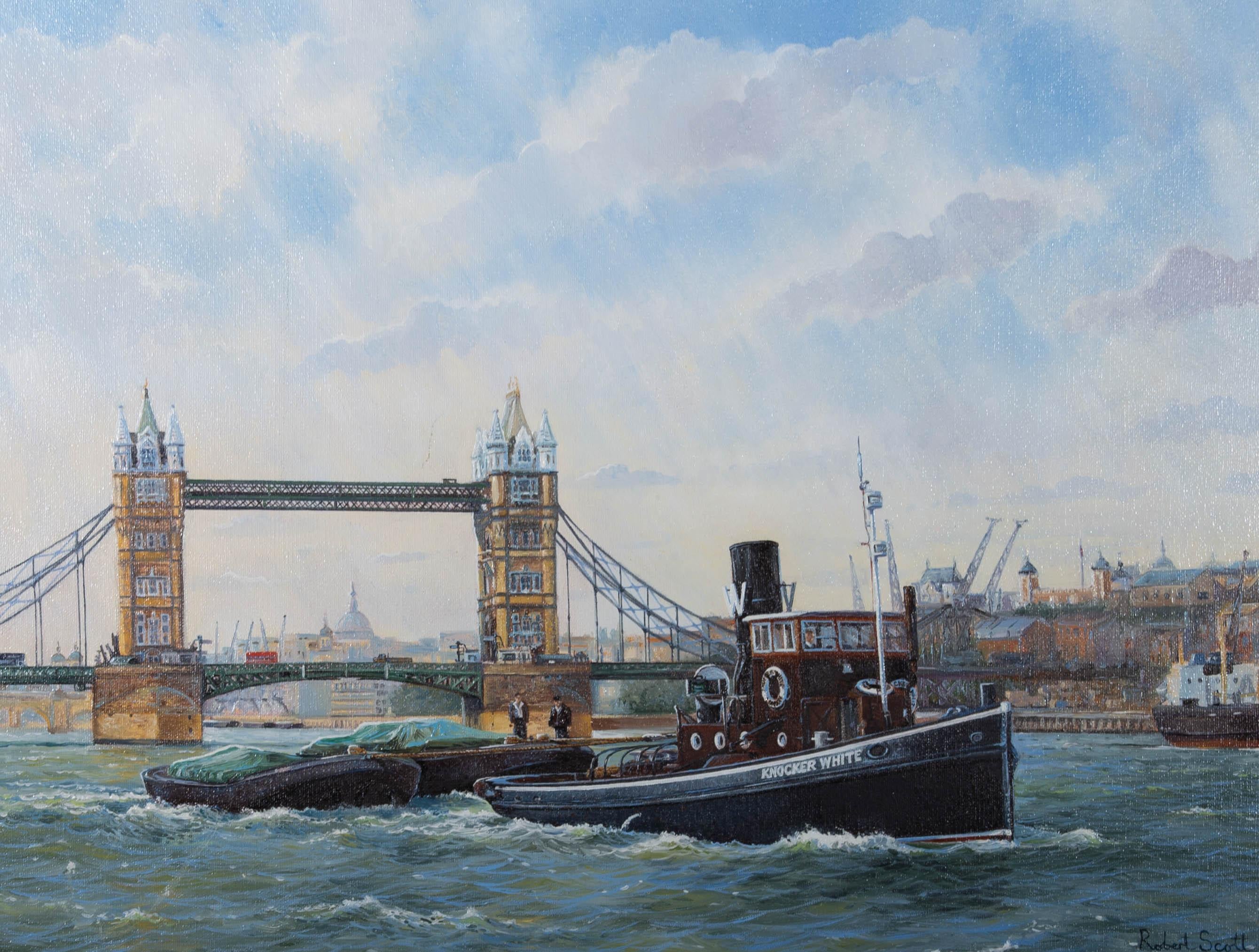 An iconic view of Thames barges in front of London Bridge. Presented in a distressed gilt-effect wooden frame with a linen slip. There is a Thames River Lodge stamp at the centre of the lower edge of the frame. Signed to the lower-right edge. On