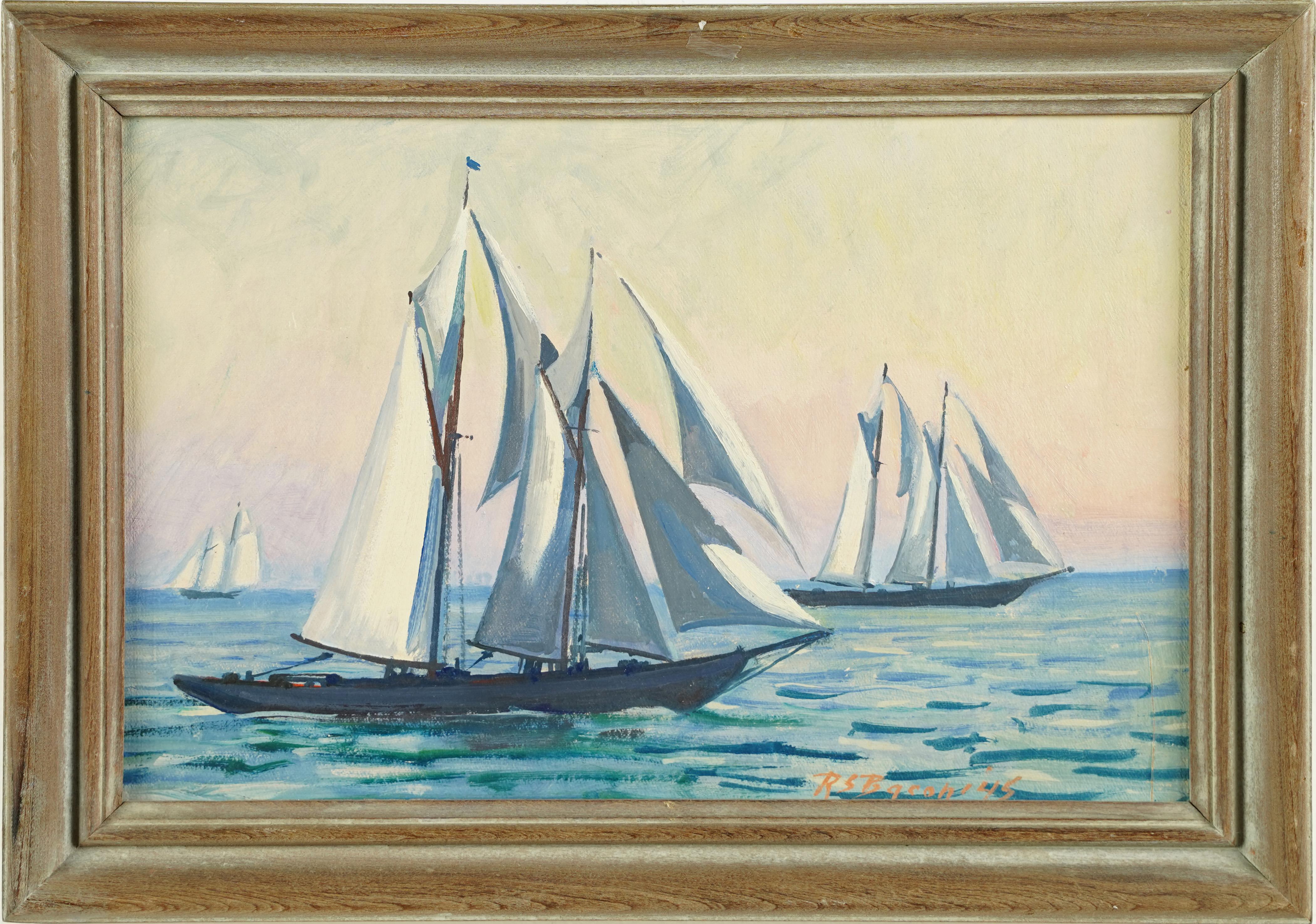 Antiguo paisaje marino luminoso americano Firmado Velero Enmarcado Pintura al óleo de playa - Painting de Robert Sears Bacon 