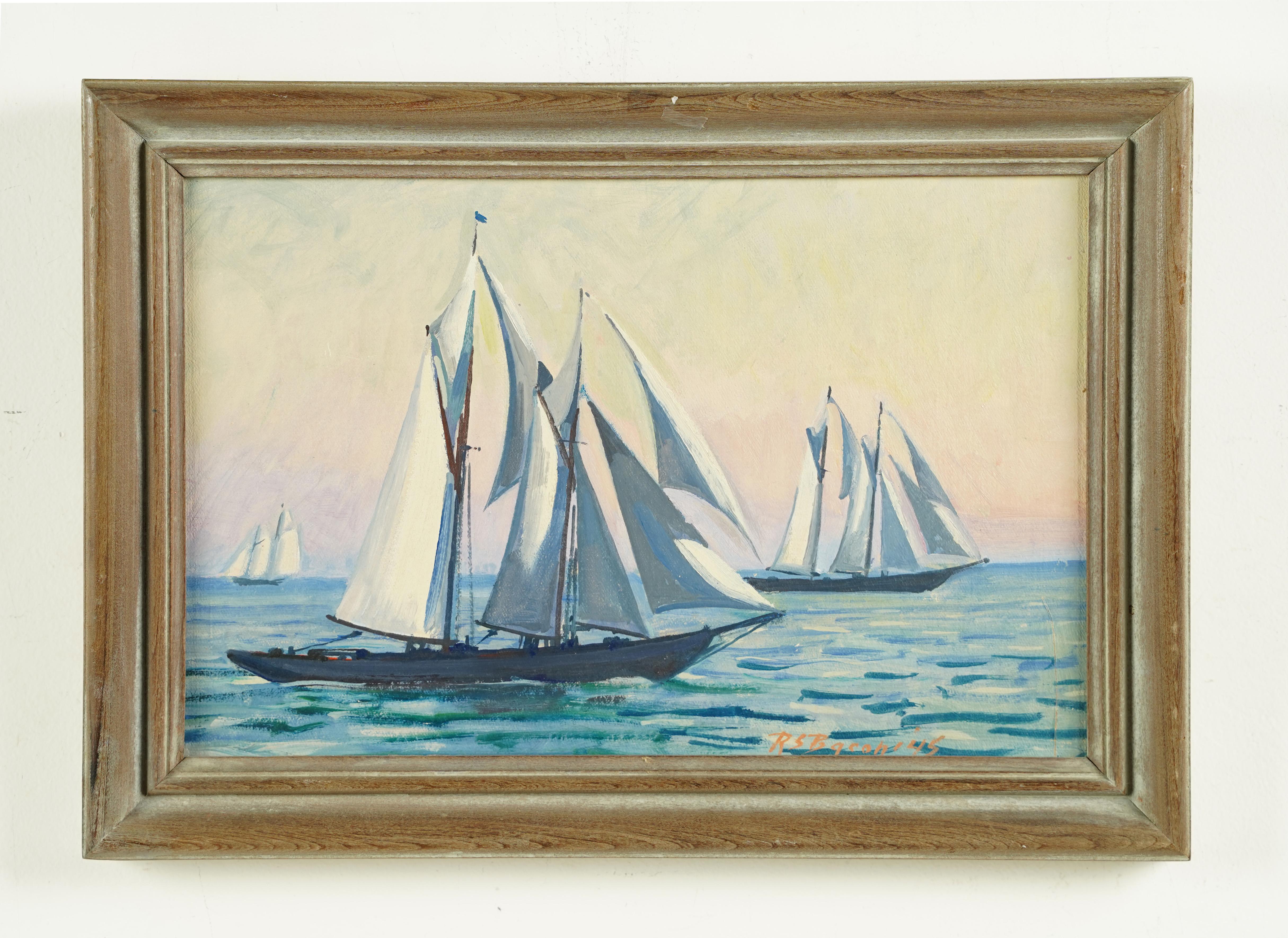 Antiguo paisaje marino luminoso americano Firmado Velero Enmarcado Pintura al óleo de playa - Painting Impresionista de Robert Sears Bacon 