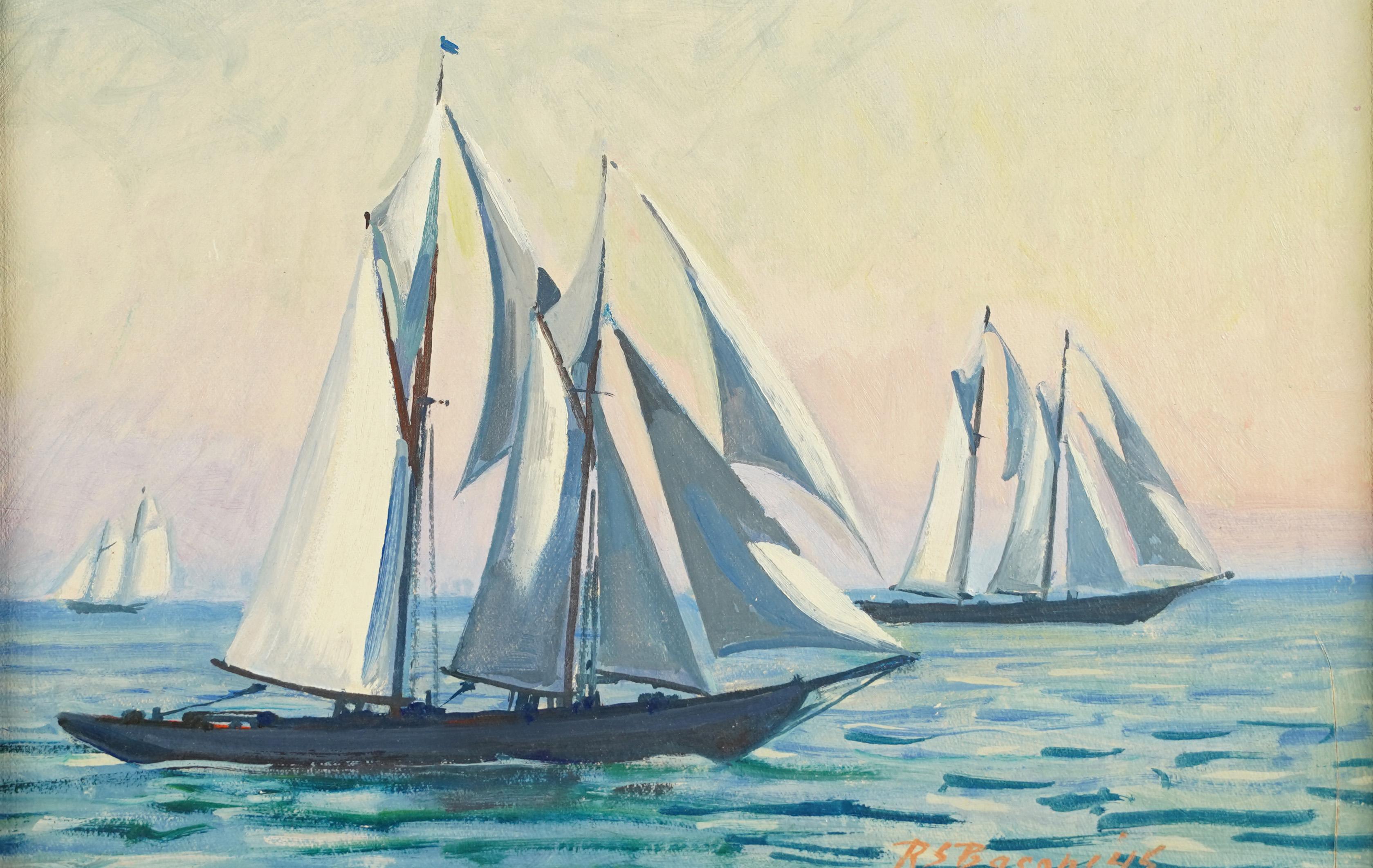 Antiguo paisaje marino luminoso americano Firmado Velero Enmarcado Pintura al óleo de playa - Landscape Painting Beige de Robert Sears Bacon 