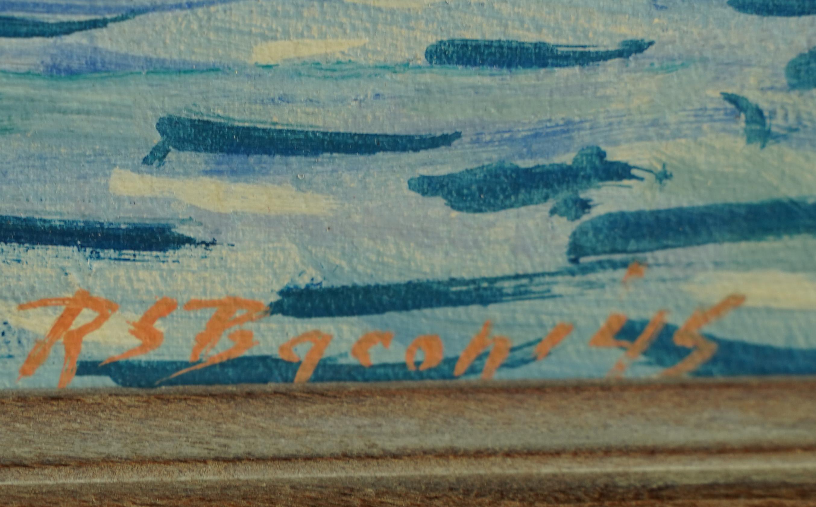 Antiguo paisaje marino luminoso americano Firmado Velero Enmarcado Pintura al óleo de playa 1