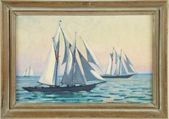 Antiguo paisaje marino luminoso americano Firmado Velero Enmarcado Pintura al óleo de playa