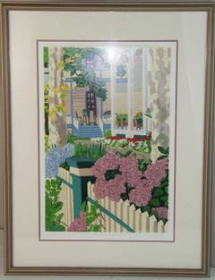 Fences and Flowers Acrylic Painting, Signed, Framed, 1980s, 59/200