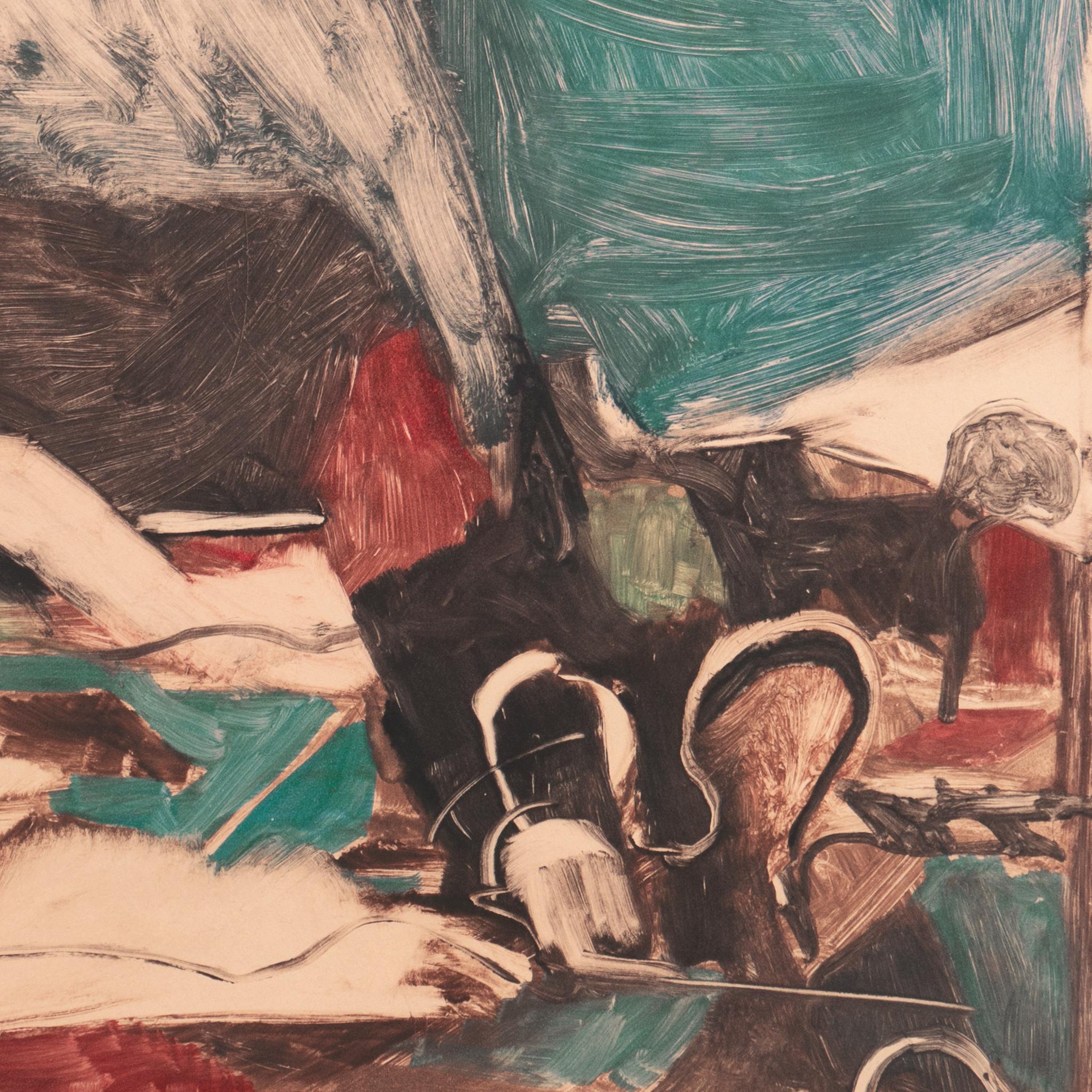 Signed in pencil, lower right, 'Setrakian' for Robert Setrakian (American, born 1956) and created circa 1985.

A dynamic and lyrical abstract monotype comprising adjacent and superimposed, fluid and organically derived forms in harmoniously muted
