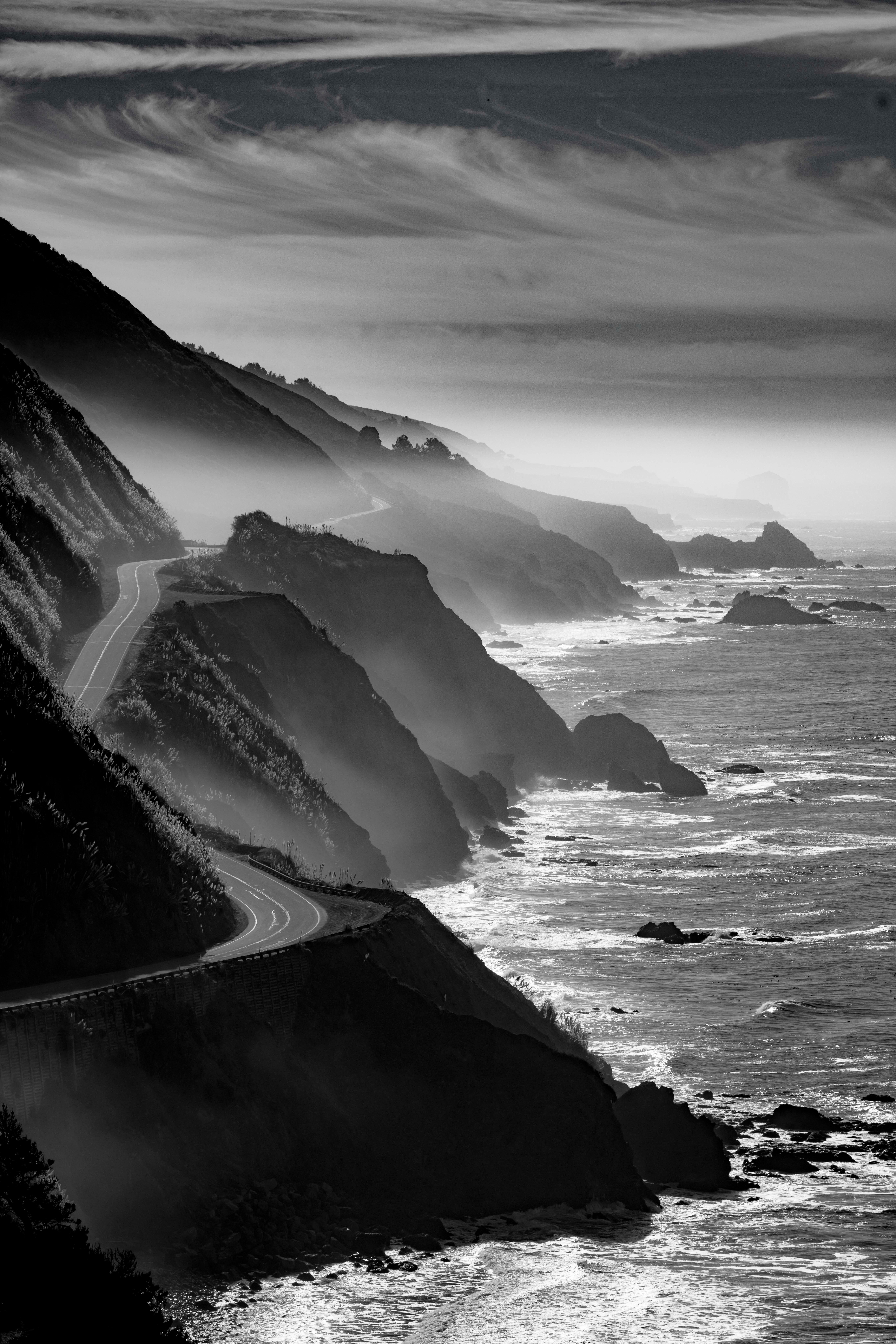 Robert Shimmon Black and White Photograph - The Kost, Big Sur California Landscape Sweeping Waves Highway One