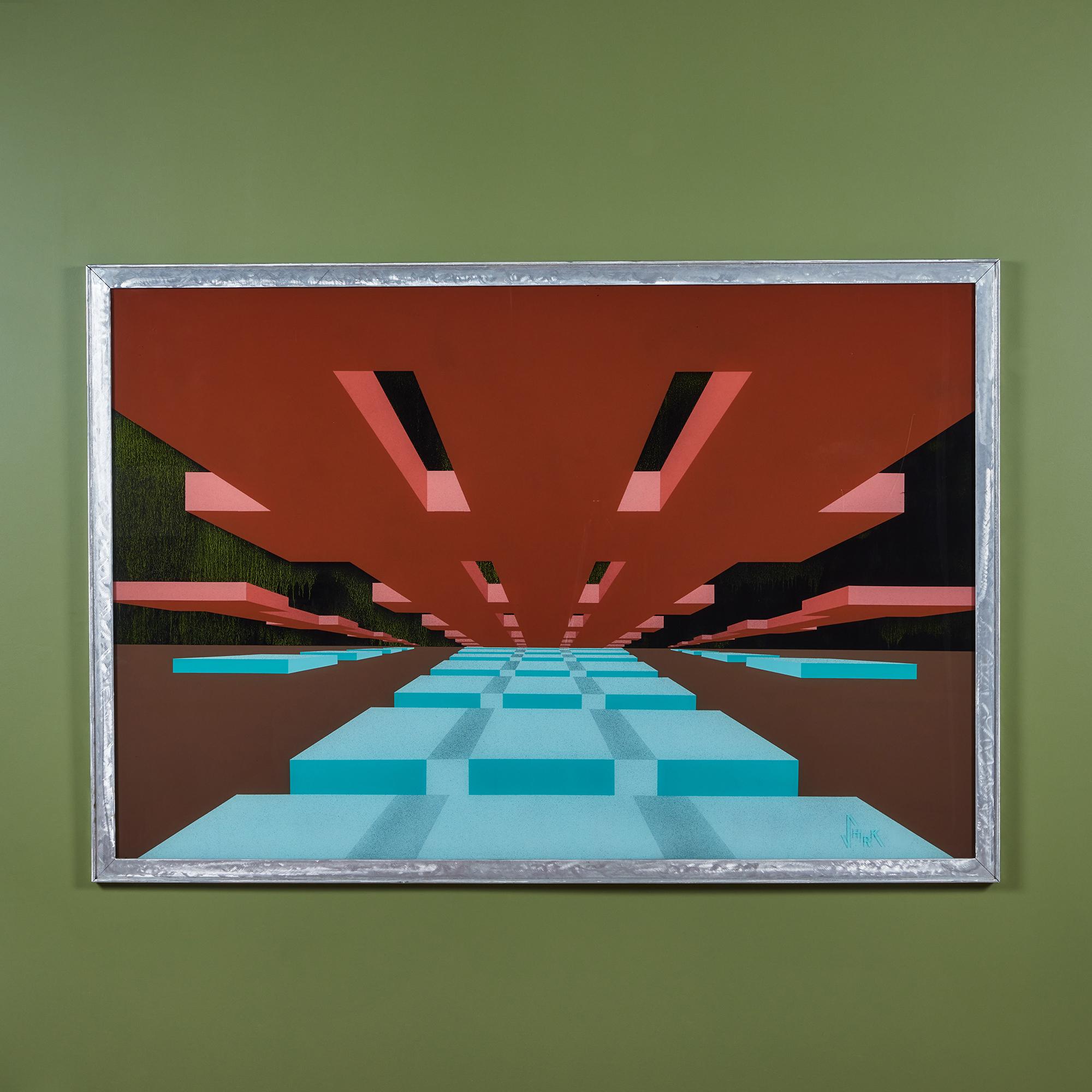 Painting by American artist Robert Shirk captures playful illusions by painting layered plexiglass to bring to life a visually pleasing images. This large scale framed artwork showcases geometric shapes that appear to make up a cityscape in colors