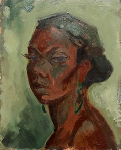 Ritratto espressivo di donna in tonalità verde intenso dipinto ad olio in Francia negli anni '40