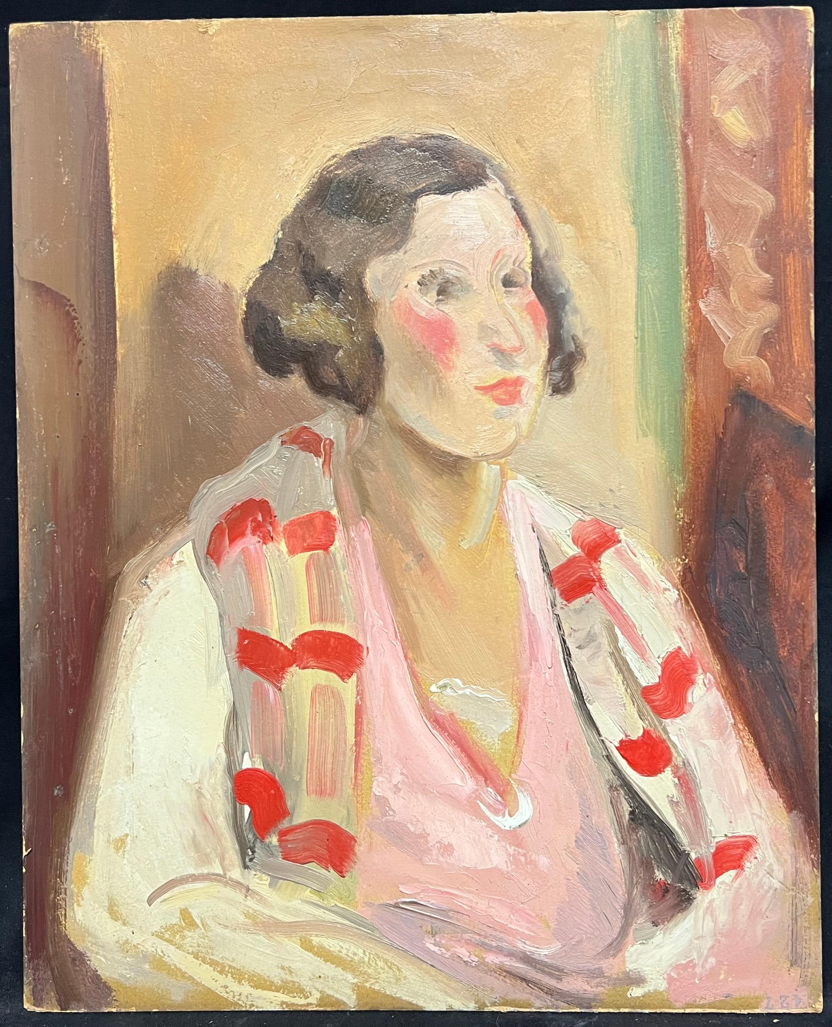 Portrait de femme à la mode châle rose des années 1920 - Painting de Robert Simon